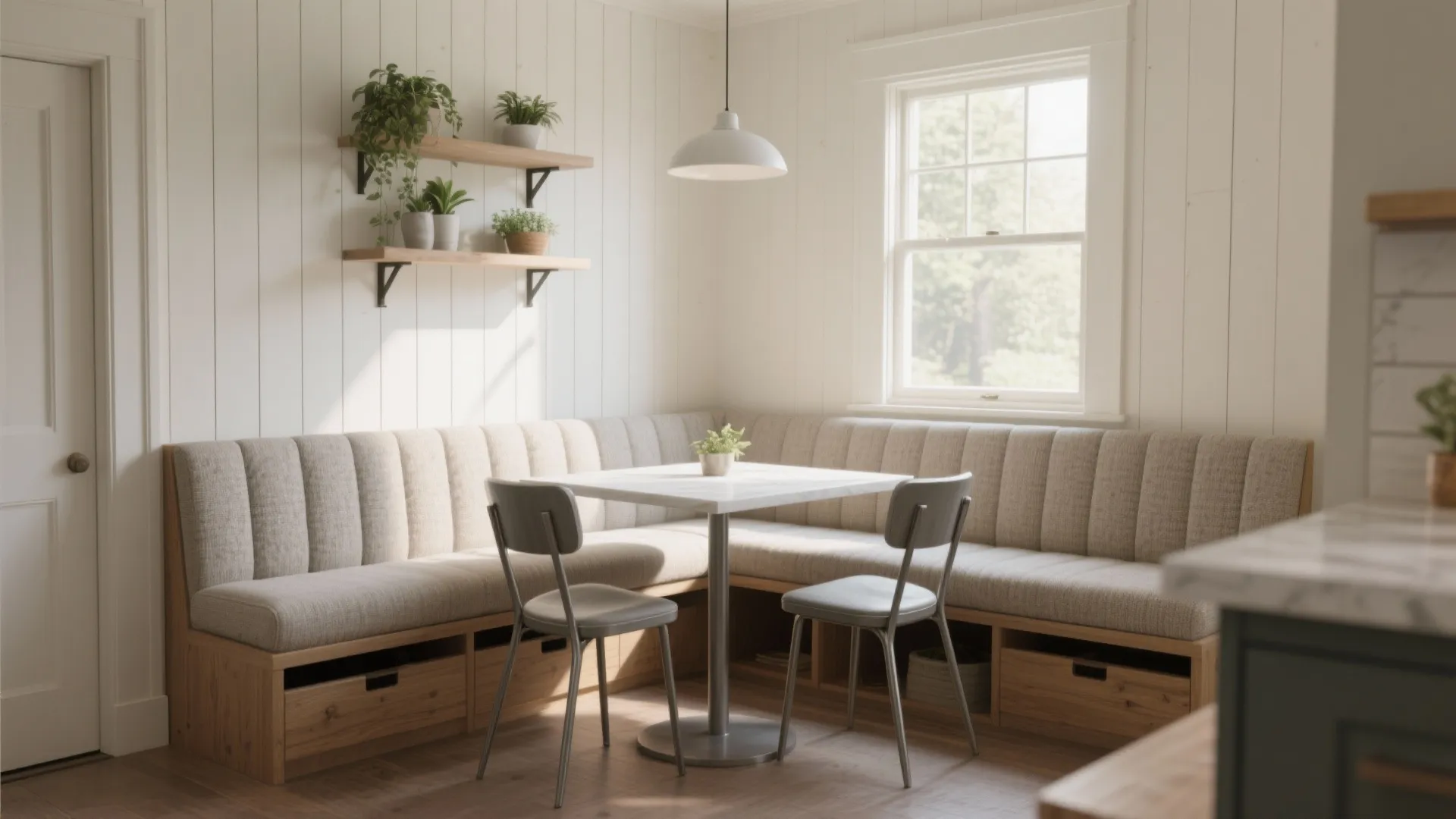3. Built-in banquette with slim chairs