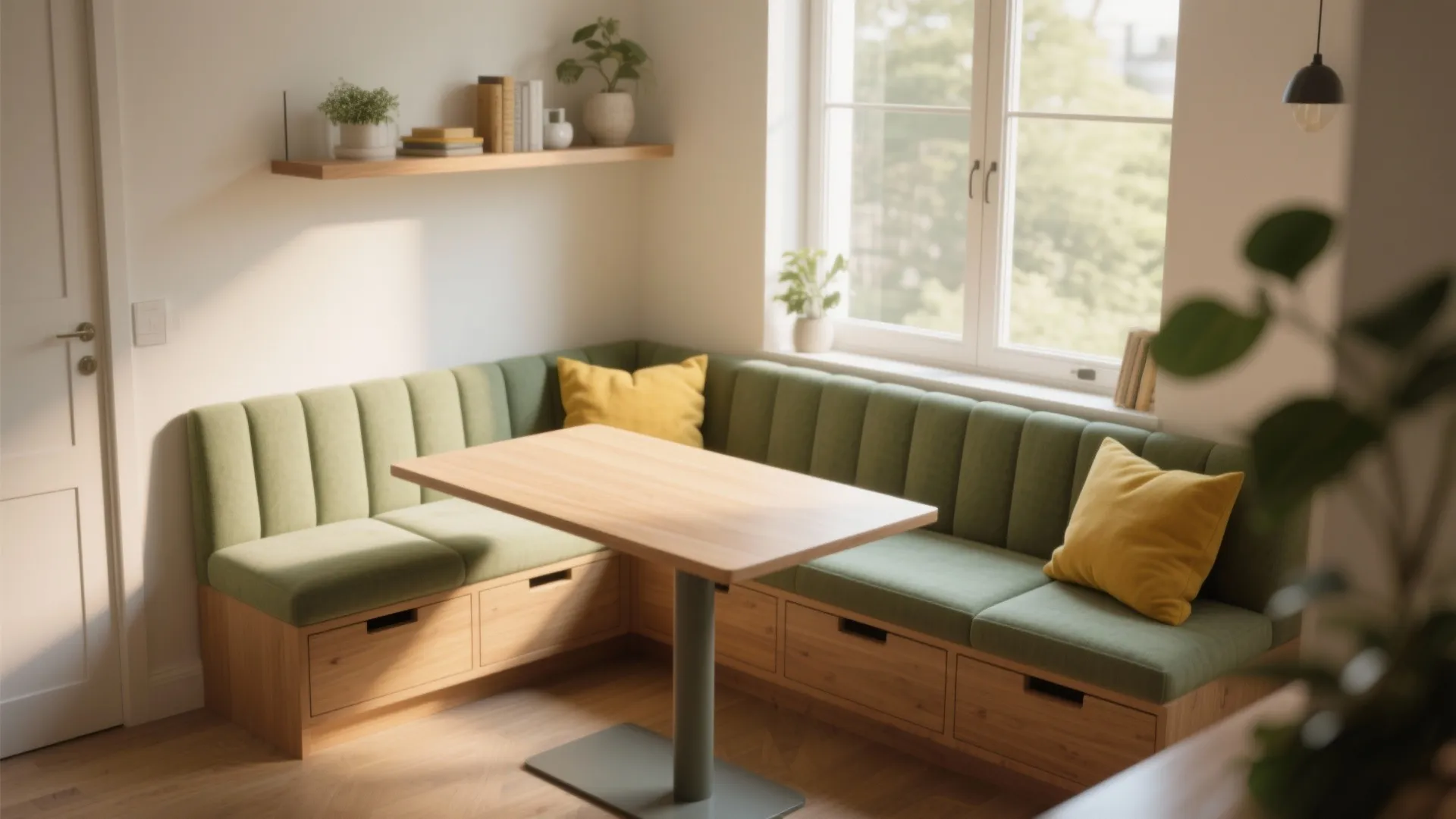 Cozy built-in banquette with a floating narrow rectangular table and storage drawers under the bench, light wood and soft cushions.
