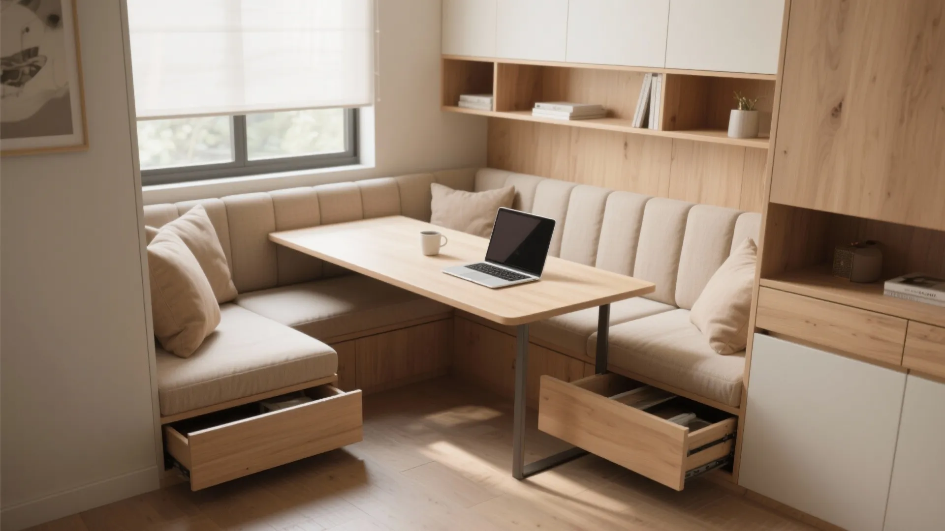 Modern wood dining area with a built-in sofa featuring storage drawers and a laptop desk