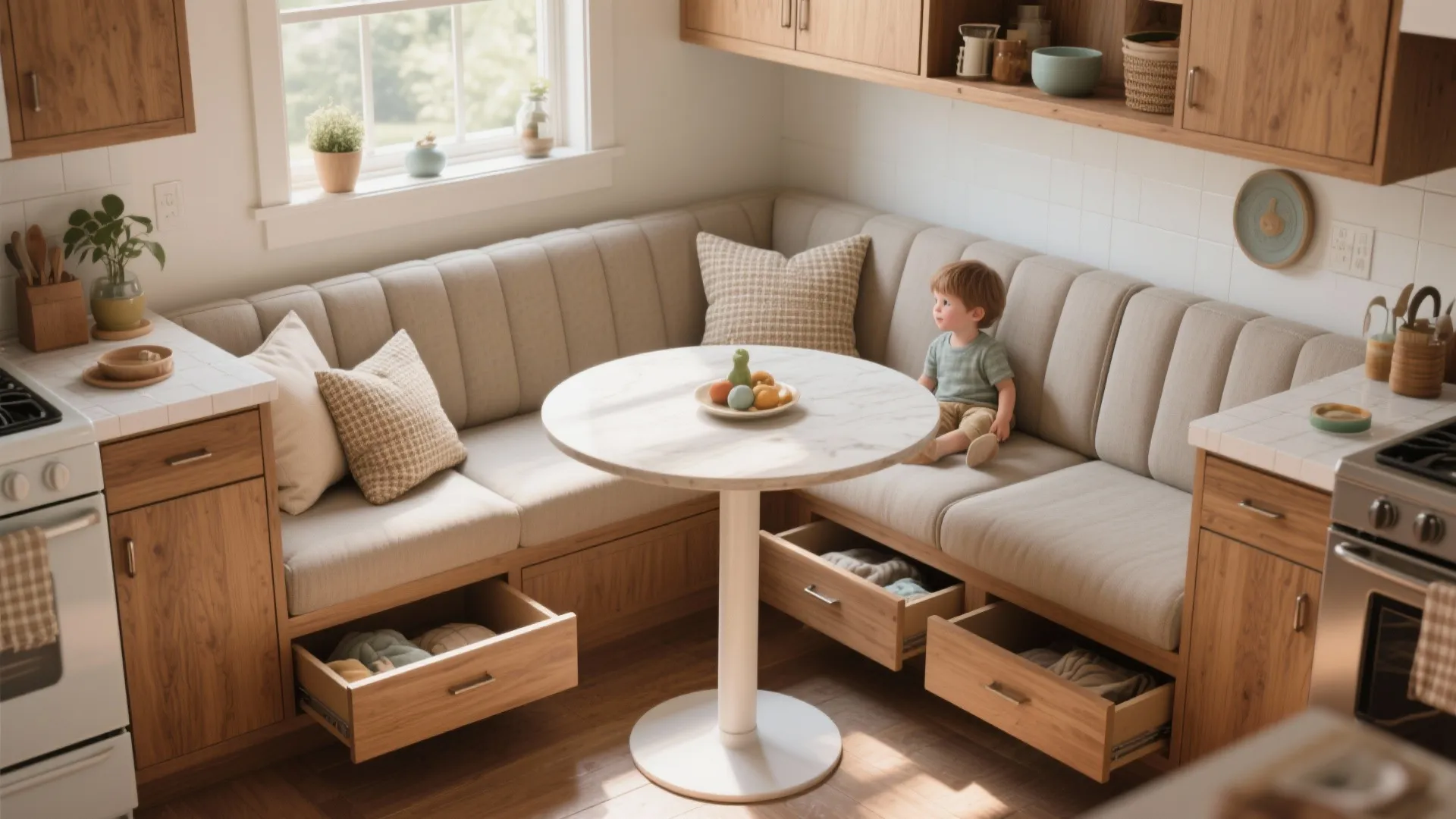 L shaped corner bench seat with storage drawers under white round marble table in kitchen