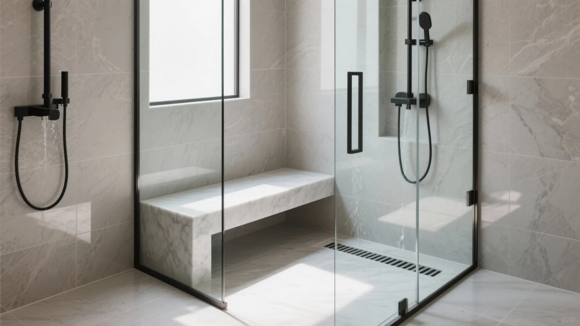 Modern walk in shower with marble tiles integrated stone bench black shower head and glass door