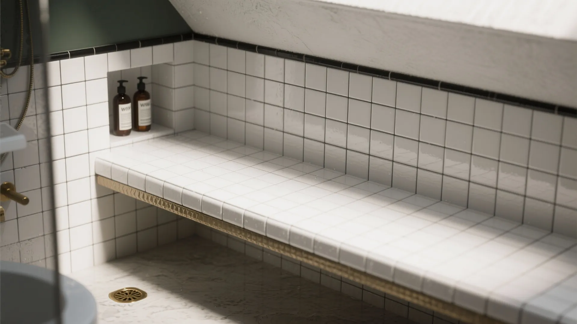 Tiled built-in bench with recessed niche and black grout under a sloped ceiling.