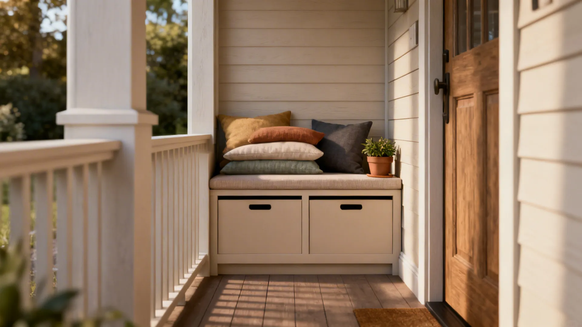 Narrow porch with slim built-in bench, storage compartment and colorful cushions