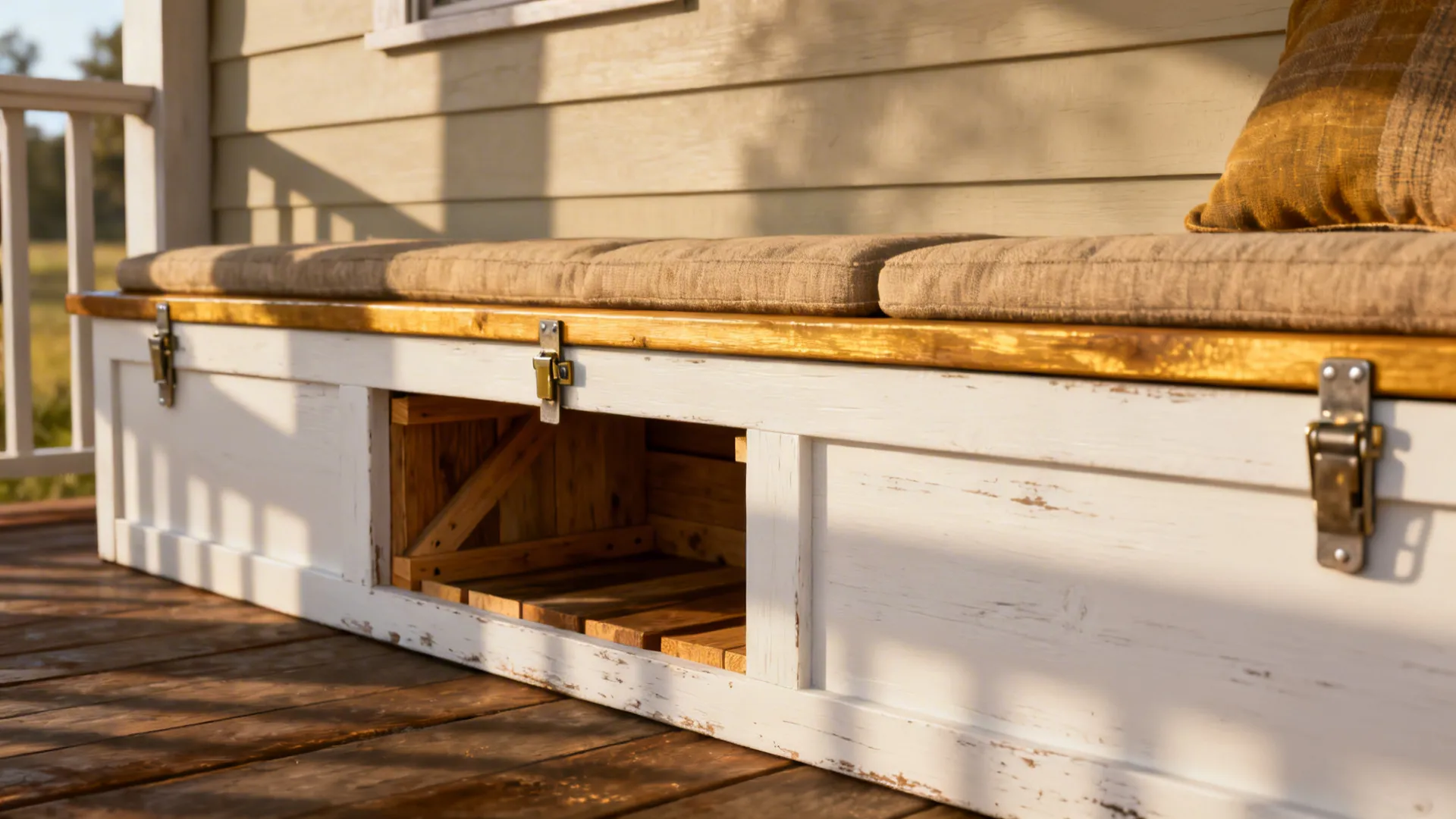 Close-up of a built-in porch bench with storage and contrasting paint.