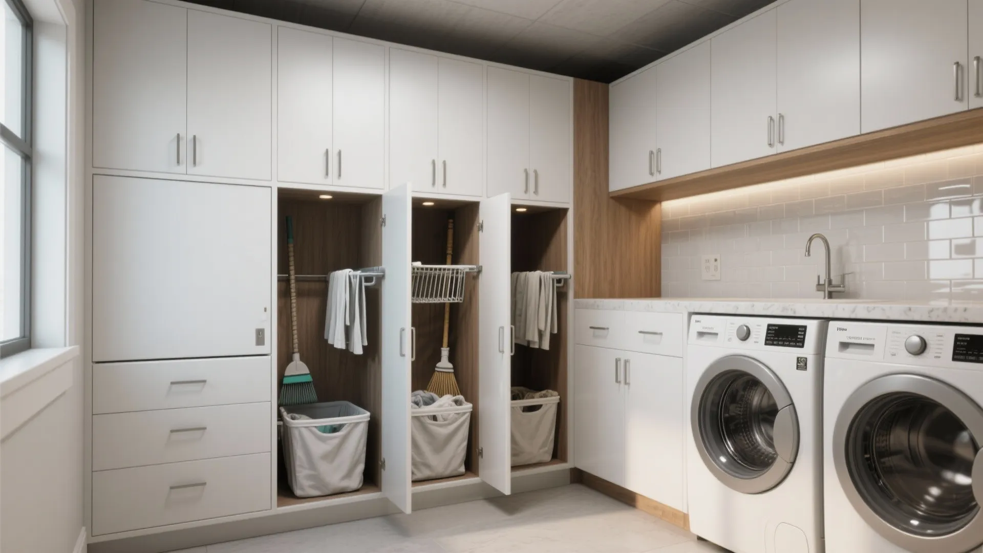 Modern white laundry room with built-in washing machines, cabinets, sink, and open doors showing storage