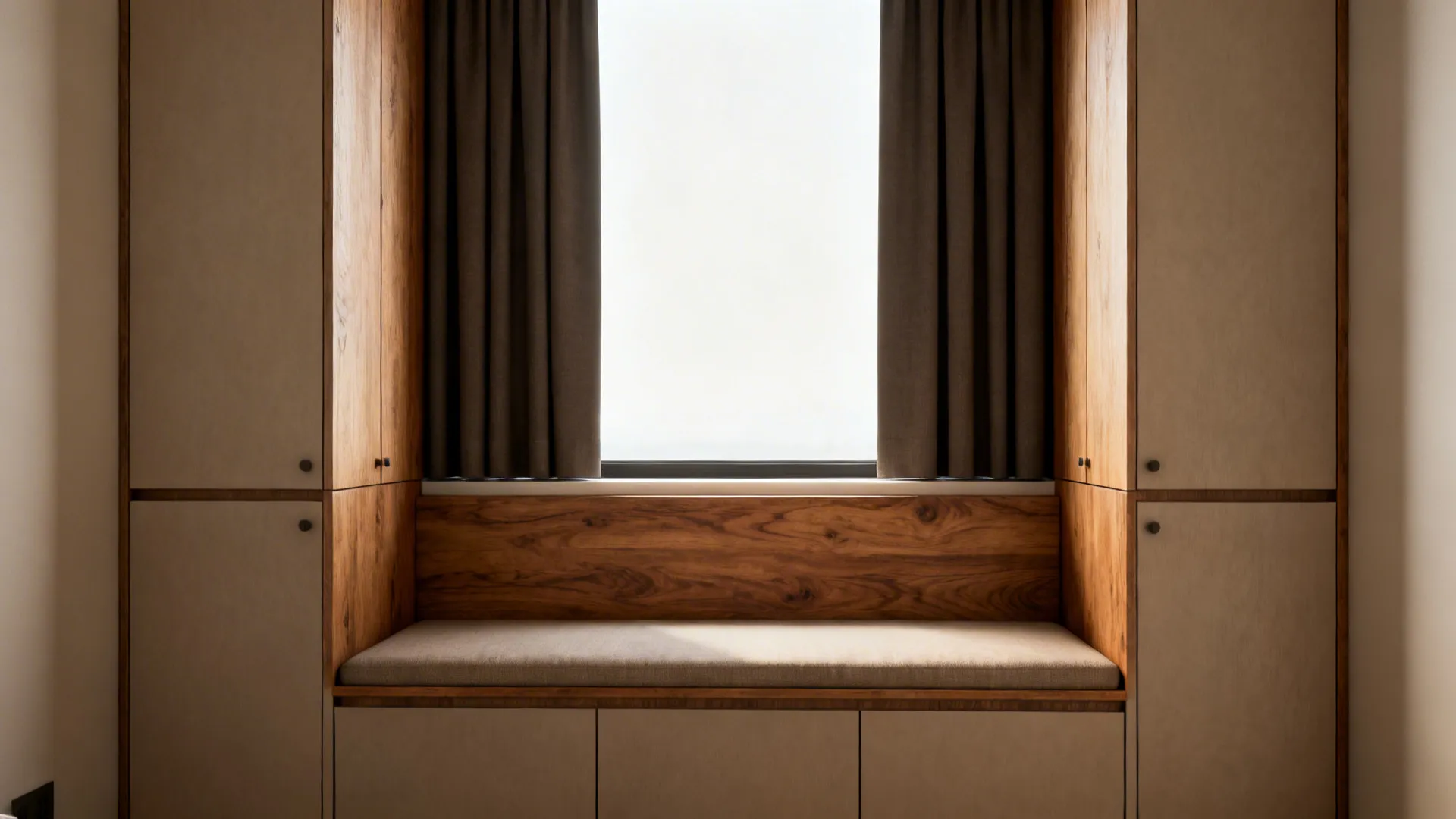 Built-in headboard with flanking storage and concealed blackout curtain panels below window midpoint