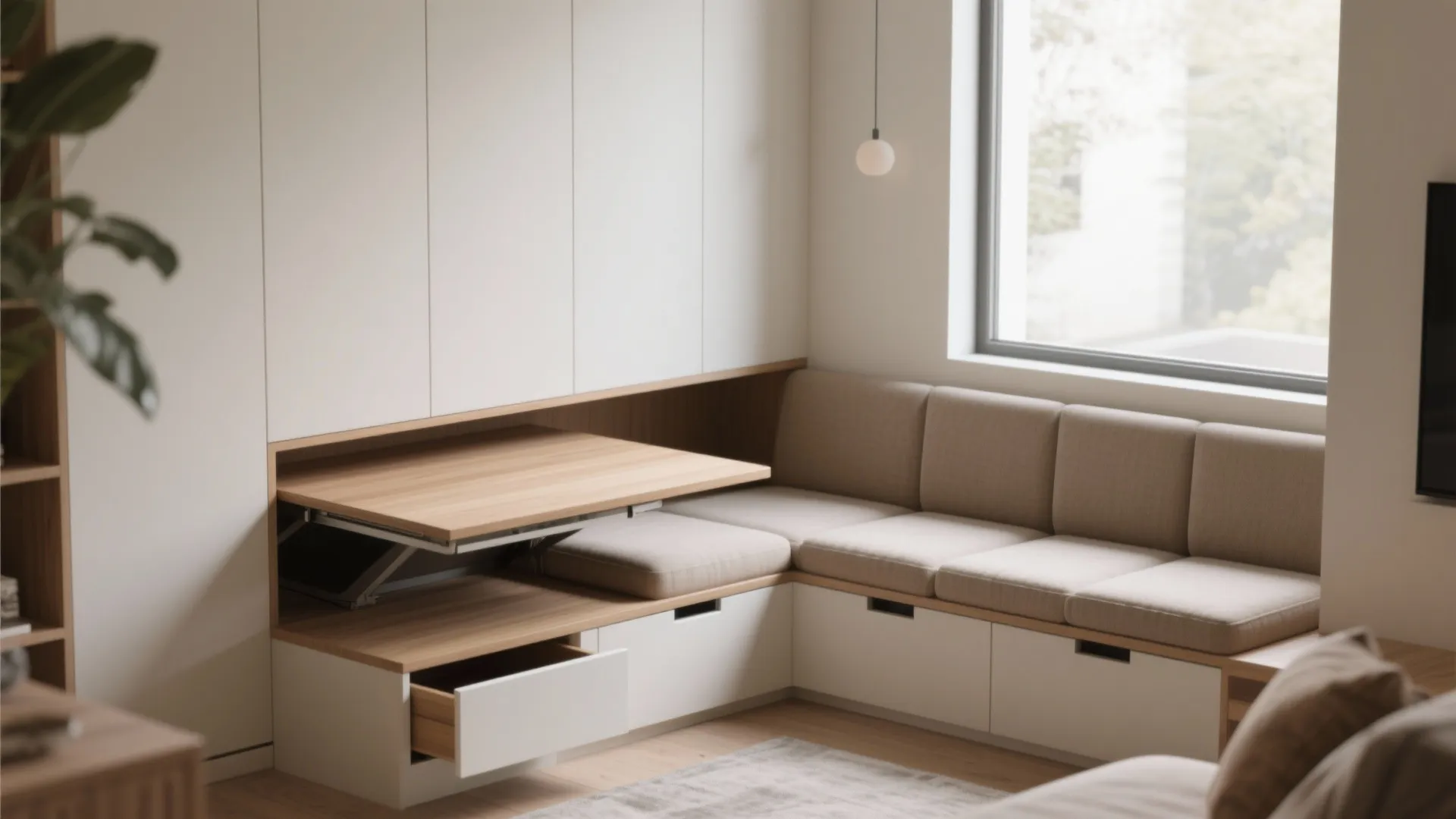 5. Built-in bench with inset tabletop for long-term efficiency