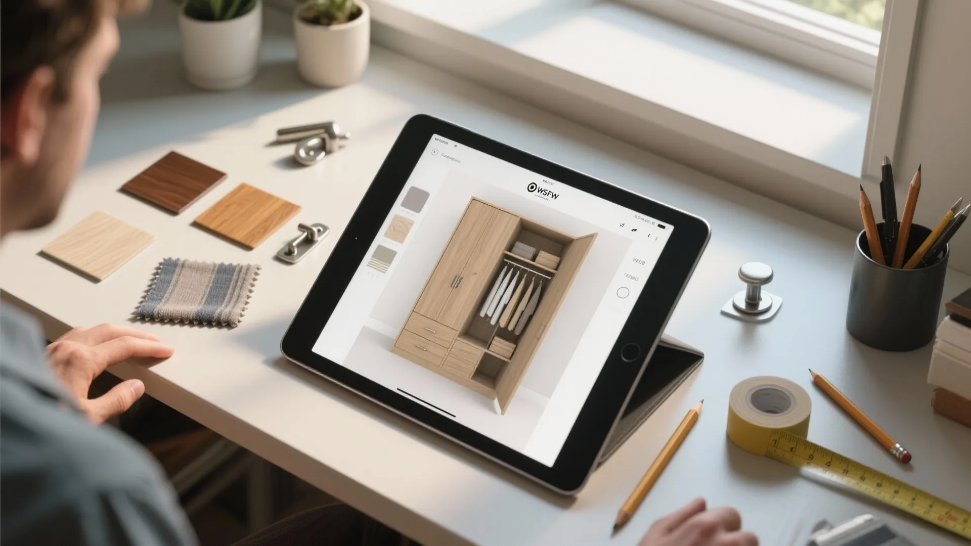 Interior design drawing on tablet screen showing wooden cabinet model with material samples on desk