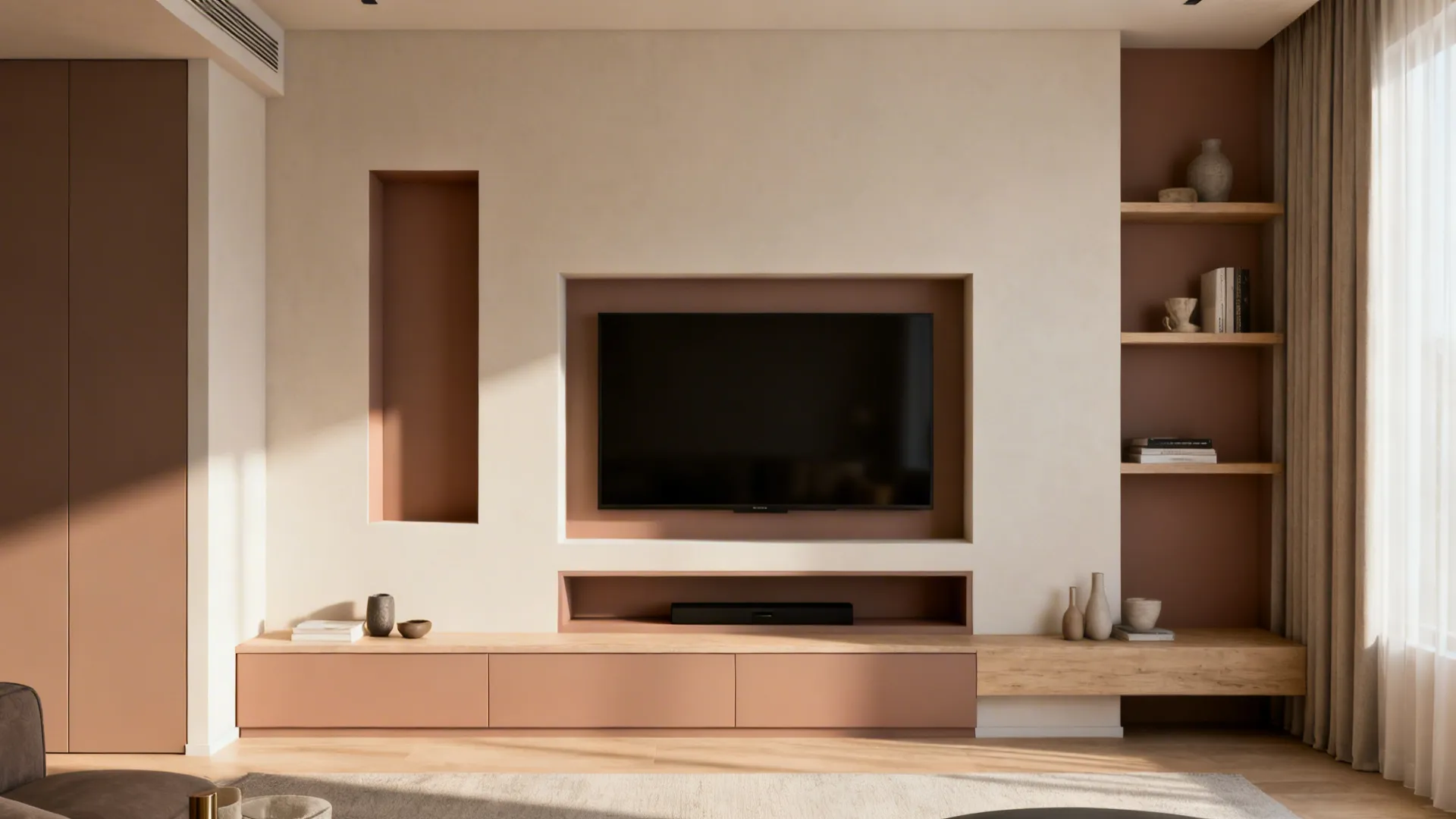 Living room accent wall painted around niches and shelves to create a built-in look