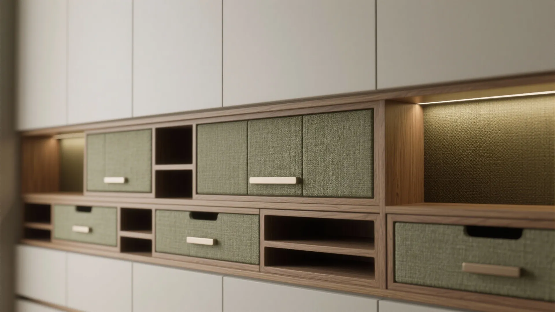 Close up of wooden cabinet with green fabric drawers built in light fixture and shelves