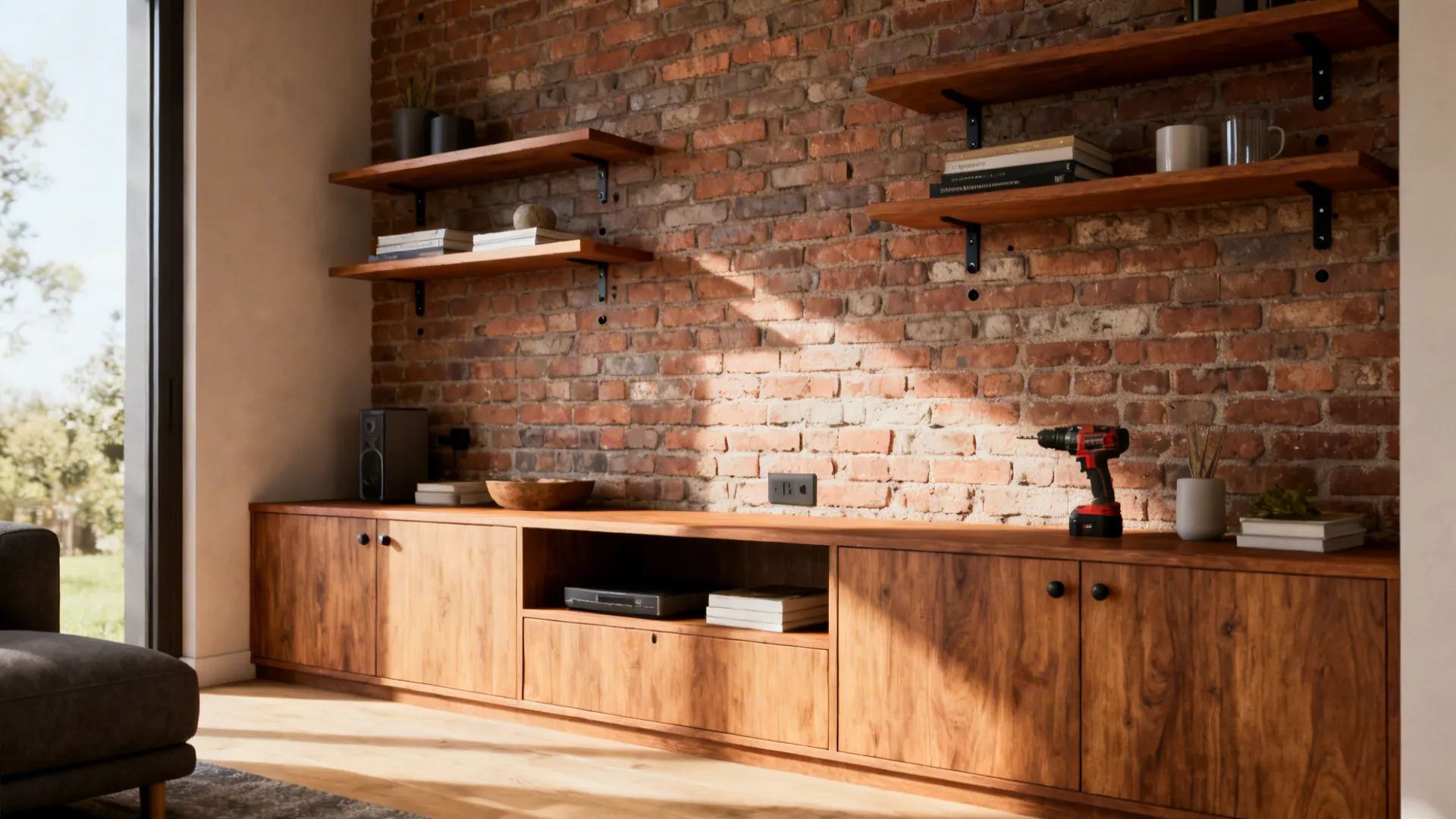 Low built-in cabinets and floating shelves installed against an exposed brick wall.