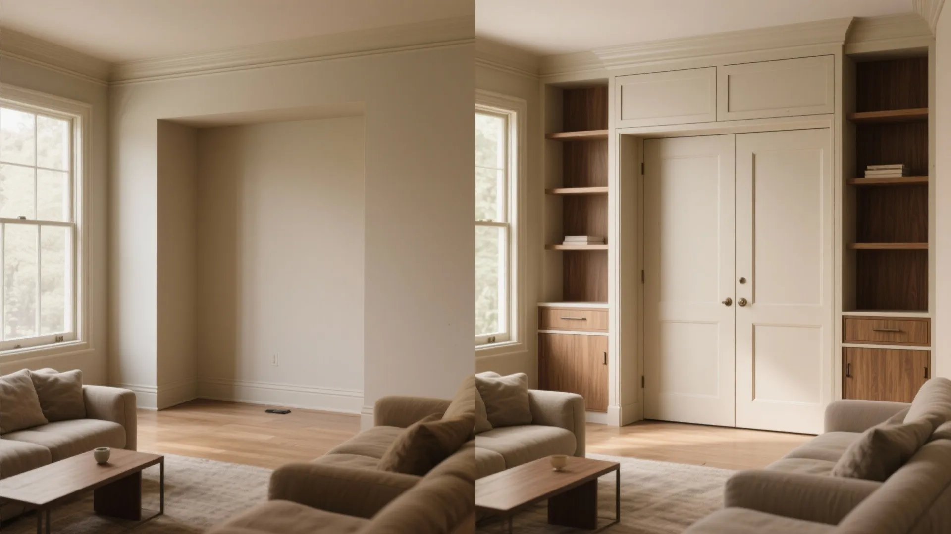 Before and after comparison of an empty wall alcove transformed into custom shelves and cabinet