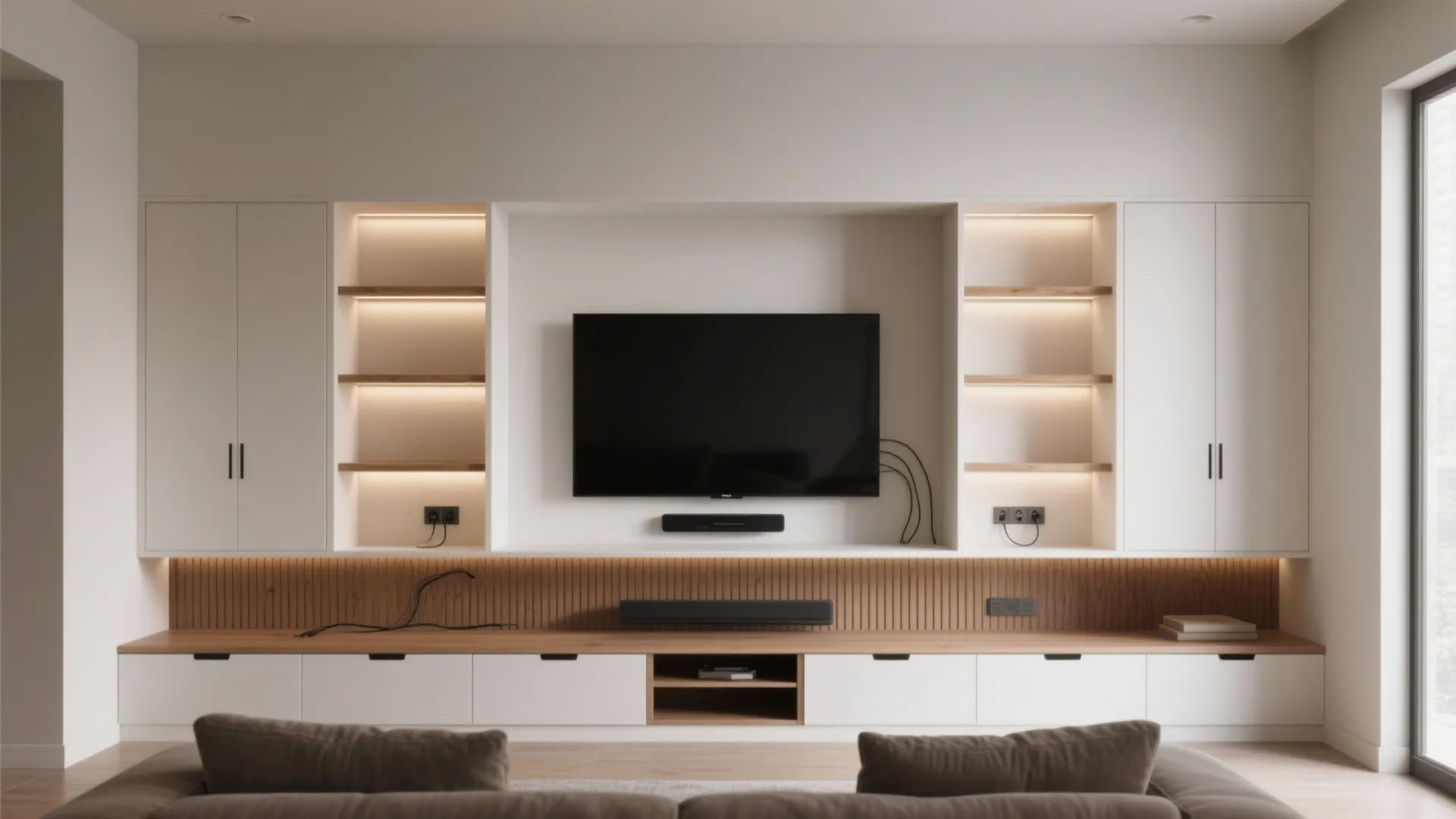 Built-In Alcove: TV, Shelves, and Cable Management in One
