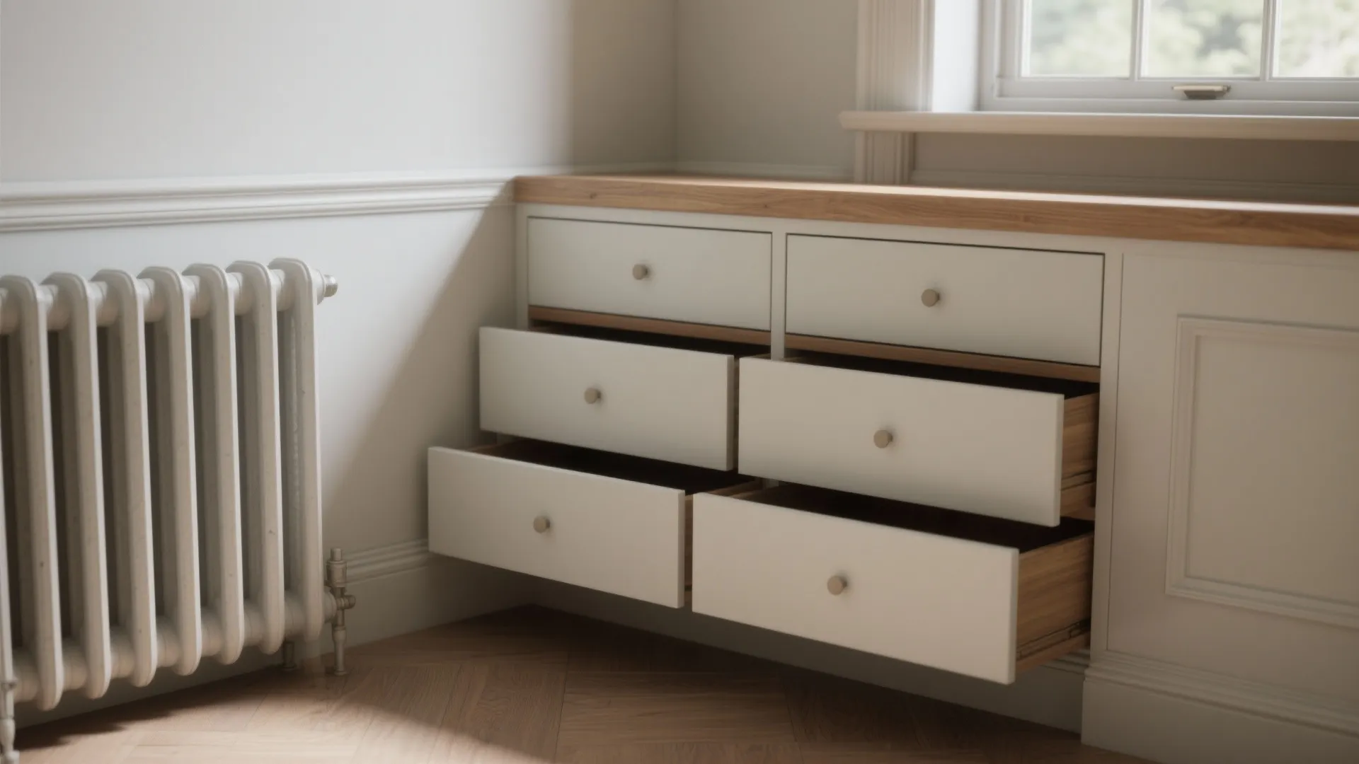 Shallow custom built-in drawers fitted into an alcove, flush with moulding and tailored around a heater.