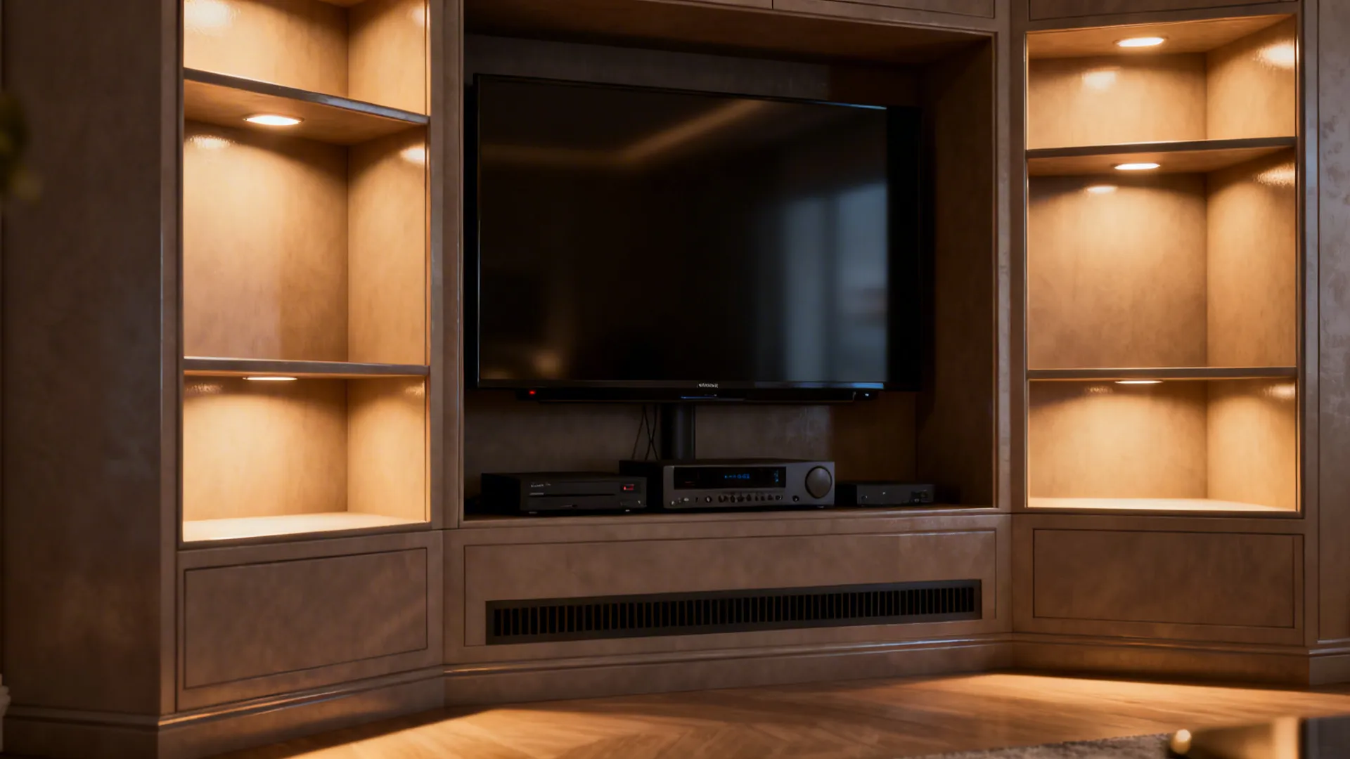 Built-in alcove with recessed shelving and accent lighting framing a corner TV and media components.
