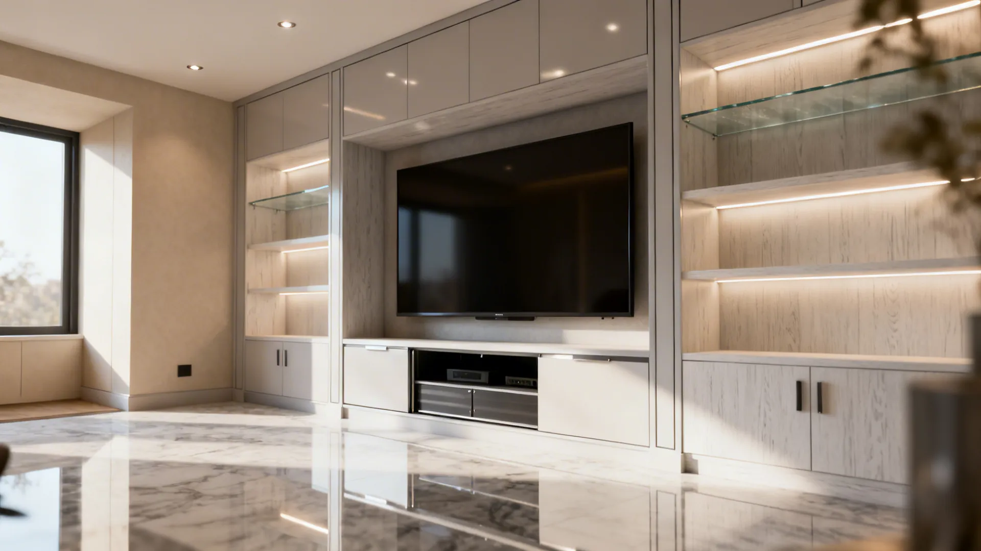 Custom built-in alcove with recessed TV and surrounding cabinetry in a small living room
