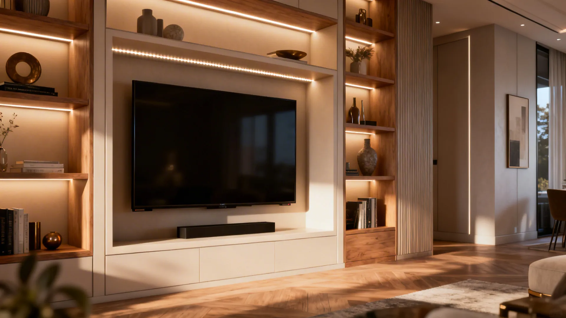 Modern living room with a large TV cabinet featuring warm light strips on wooden bookshelves