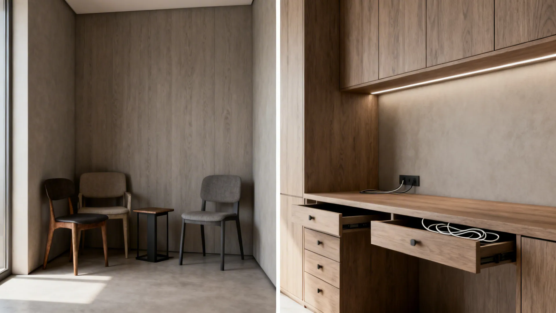 Before-and-after alcove: from cluttered corner to custom built-in desk with integrated lighting.