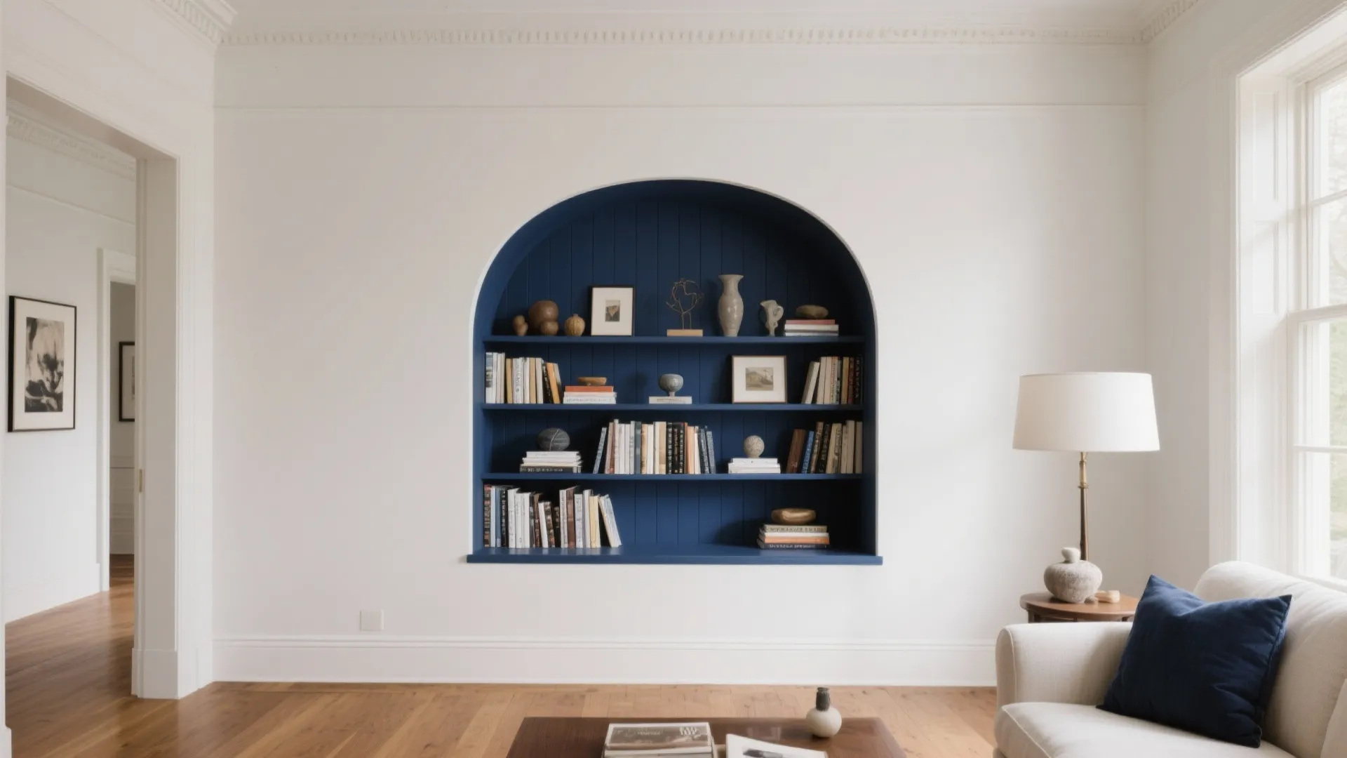 White wall with a blue arched built in bookshelf containing books decor and a sofa