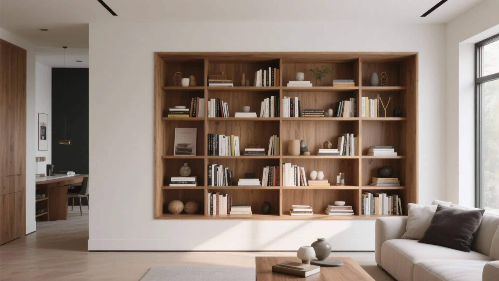 Built-in alcove bookcase in a modern living room with wood finish