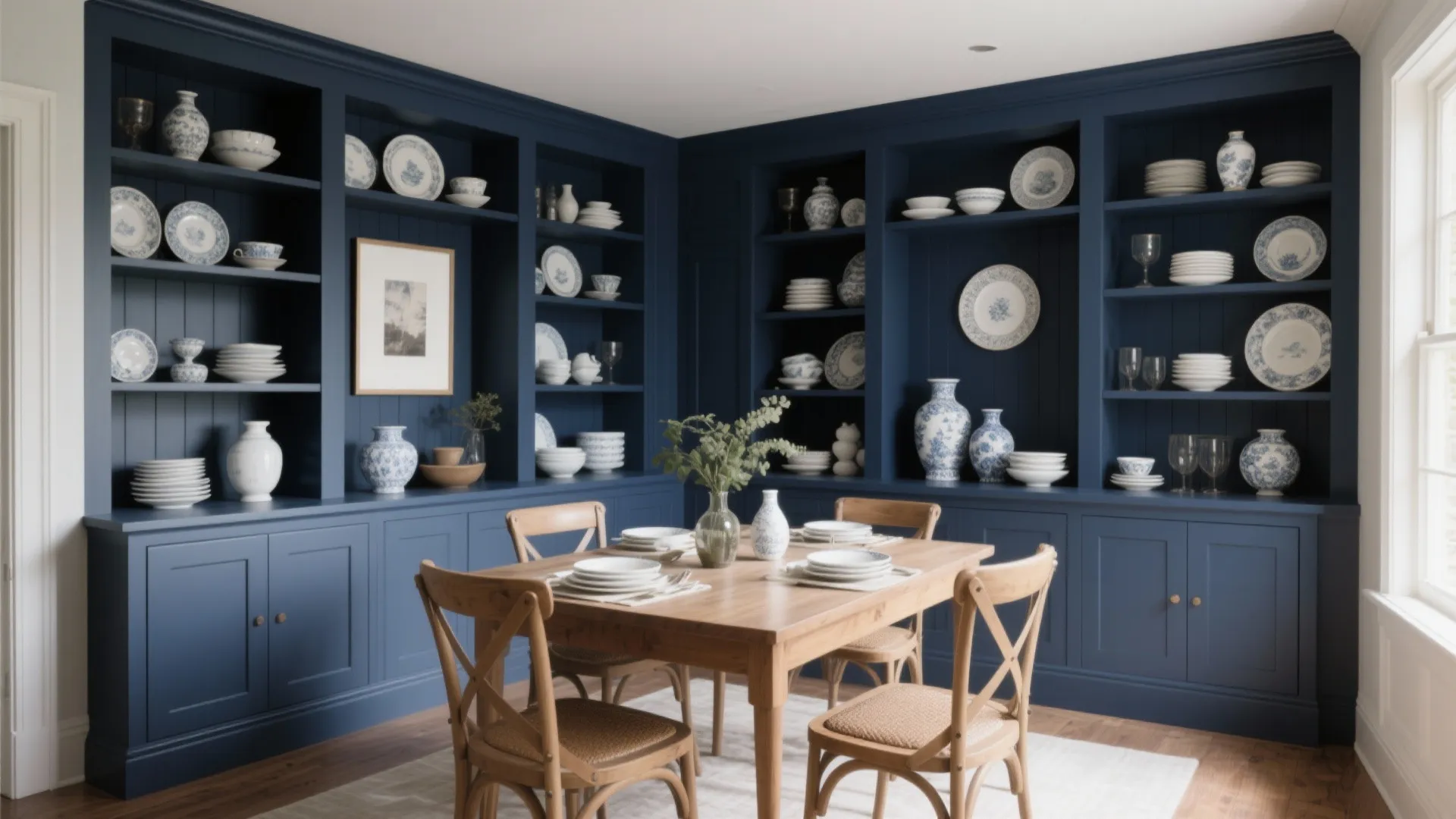 Large blue built-in wall cabinet filled with white plates and vases behind wooden dining set