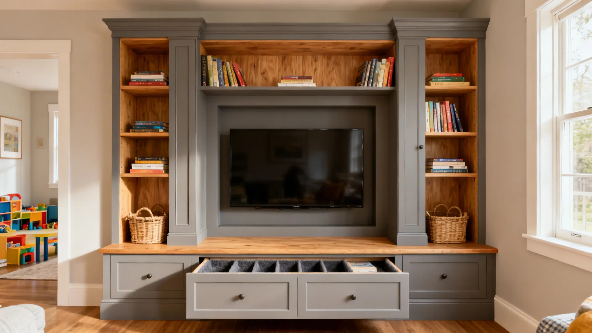 Built-in TV alcove with side towers and a lower drawer bench in painted maple and oak veneer.