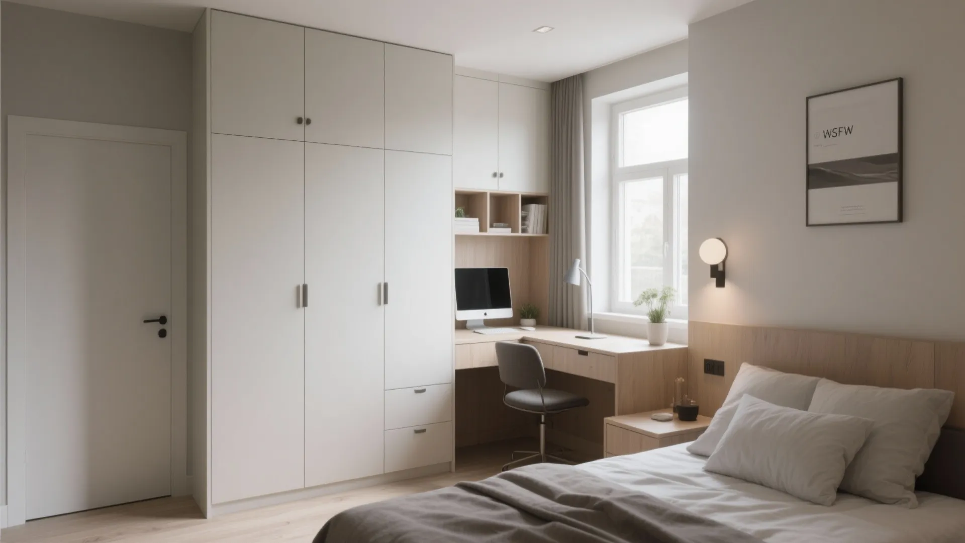 White built-in bedroom cabinet with integrated wooden desk computer chair window and soft bed furniture