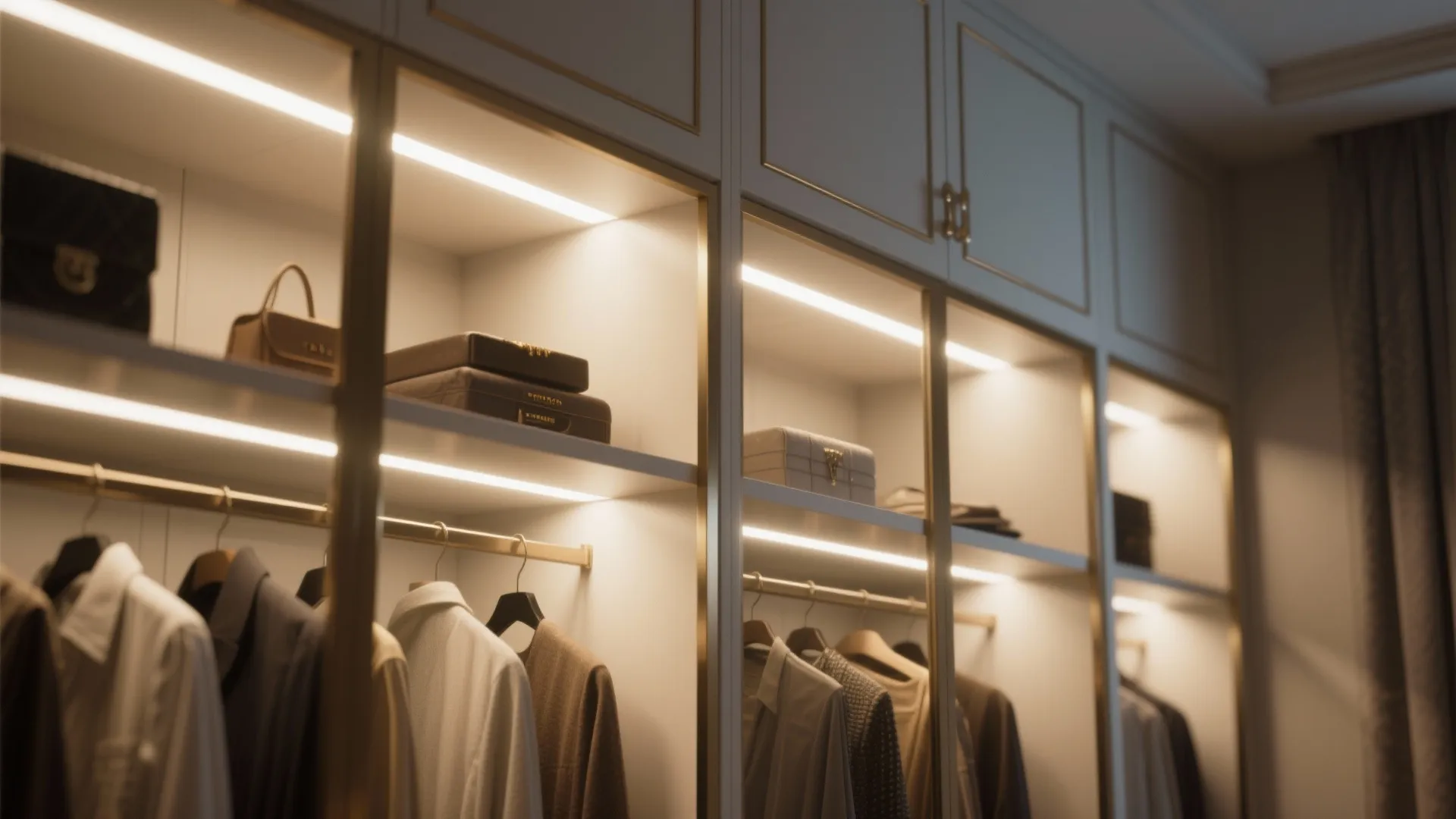 Modern closet interior with glass shelves built in light strips hanging clothes and storage boxes