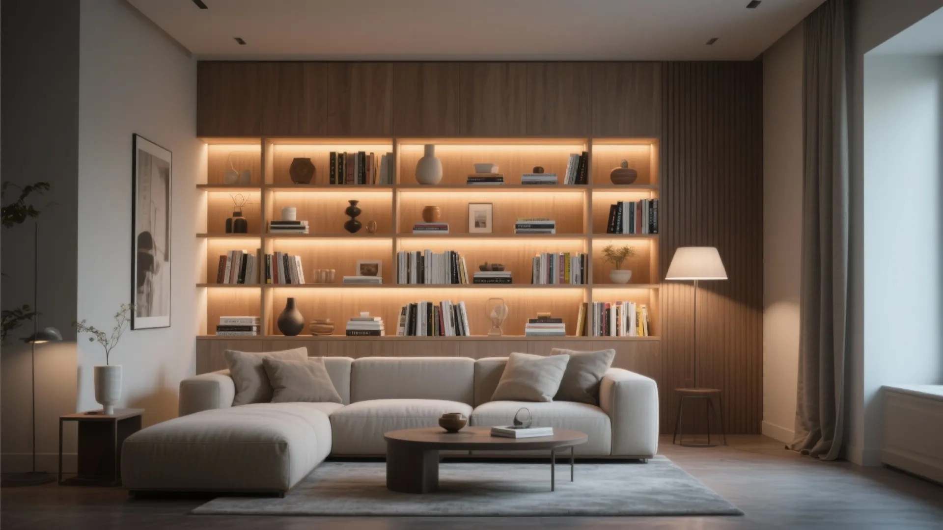 2. Built-In Shelving With Ambient Lighting