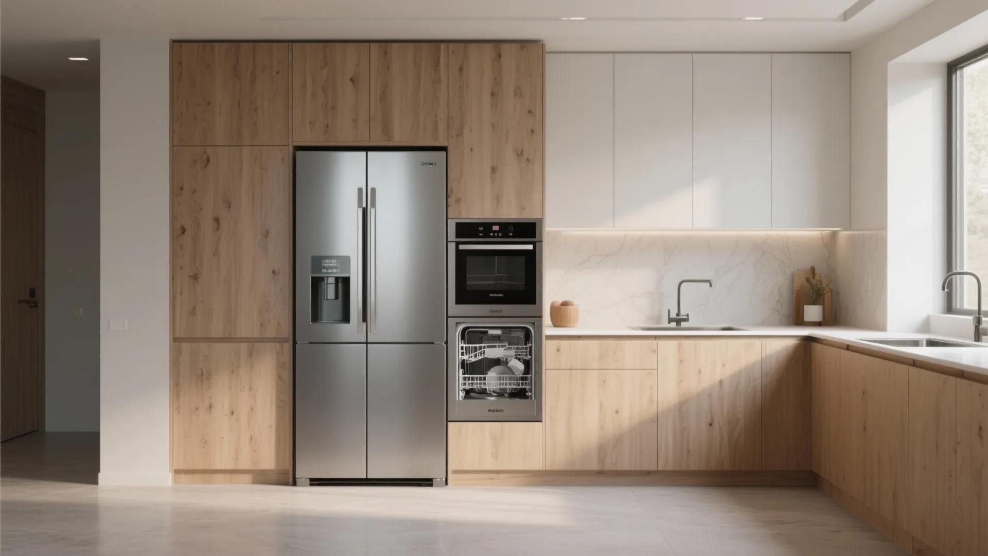Modern kitchen with light wood cabinets stainless steel fridge built in oven and integrated dishwasher