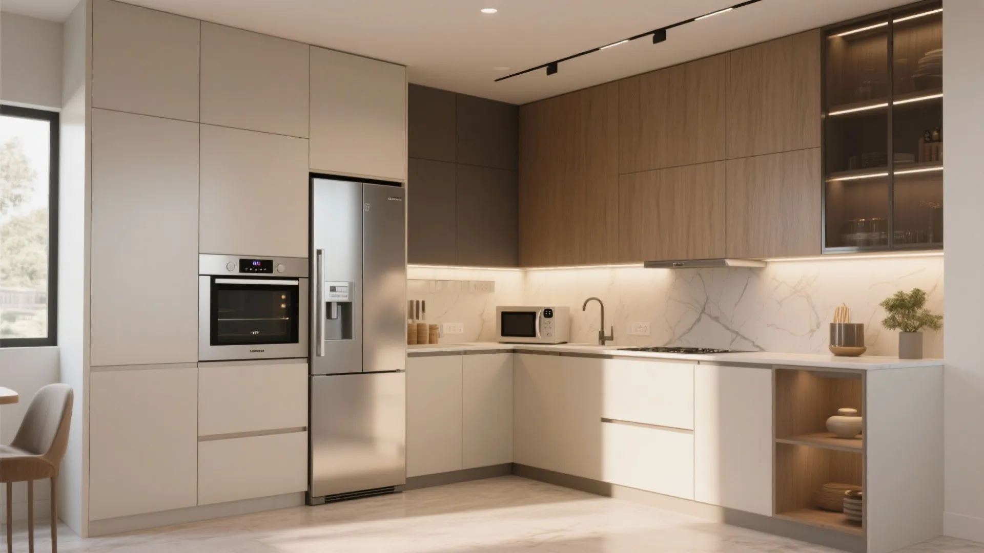 L-shaped kitchen with concealed built-in appliances