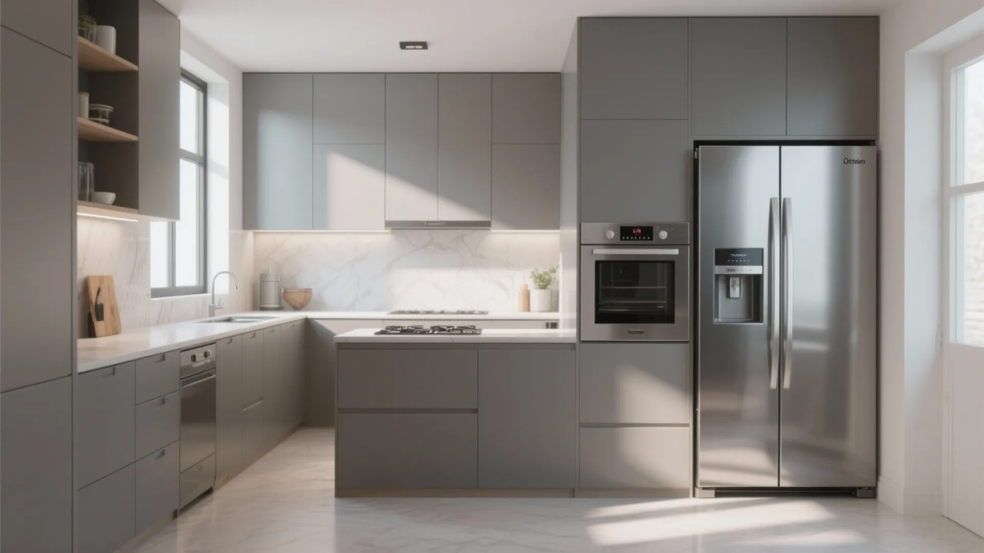 Modern grey kitchen with marble backsplash featuring built in oven fridge and a small island