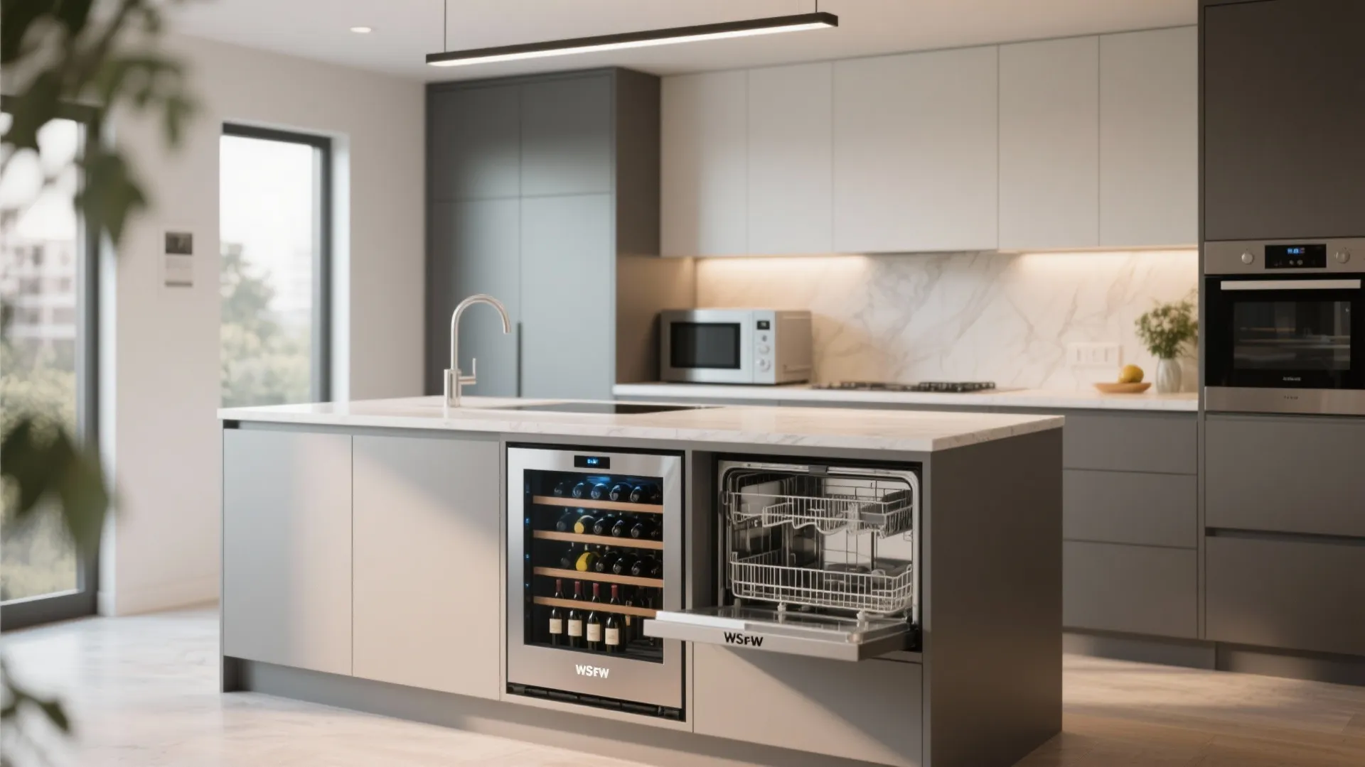 Kitchen island with integrated wine cooler and microwave