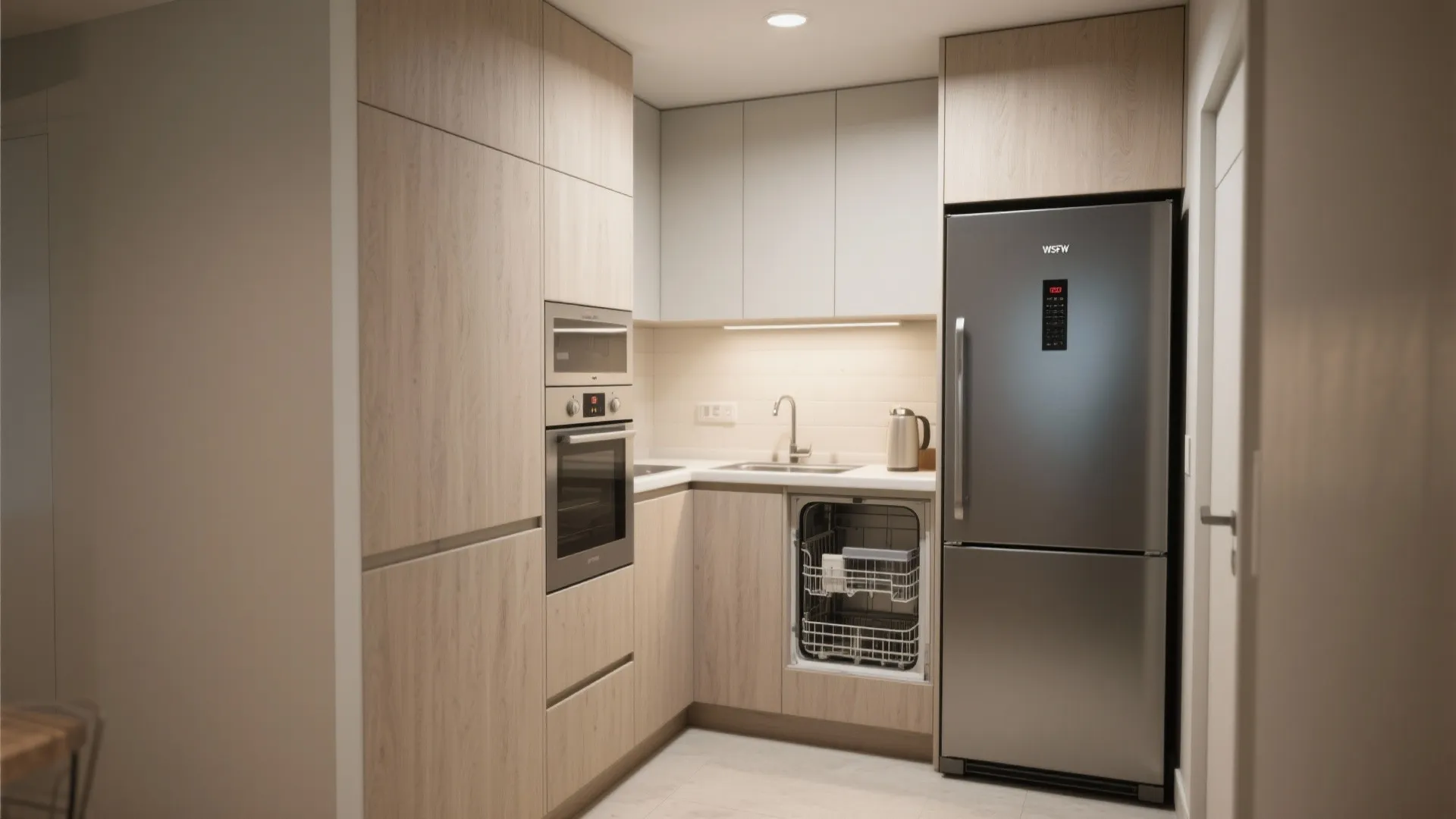 Compact kitchen layout with light wood cabinets silver fridge dishwasher microwave and built in oven