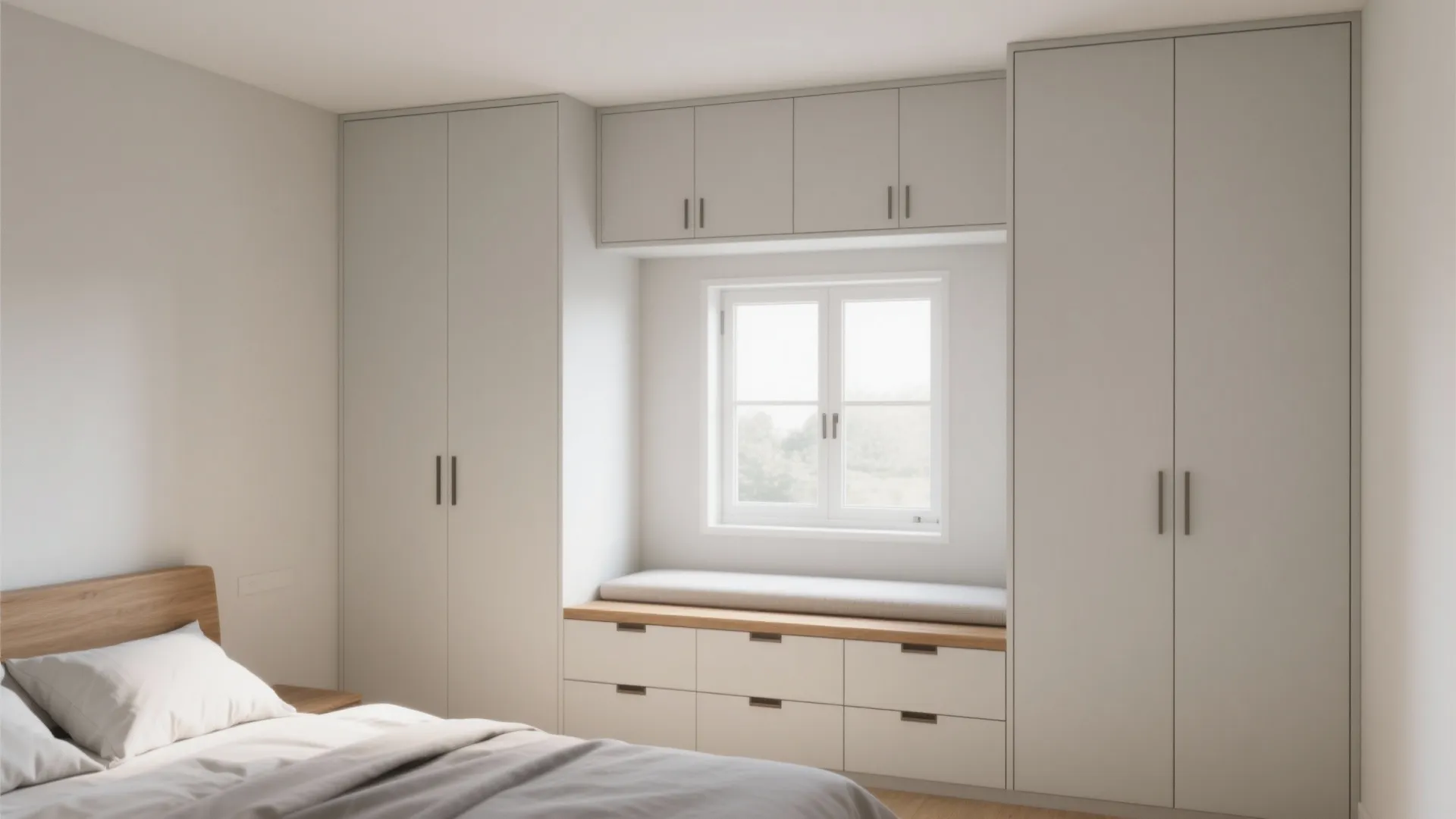 Modern white bedroom featuring large built-in cabinets surrounding a small window with a cozy seat