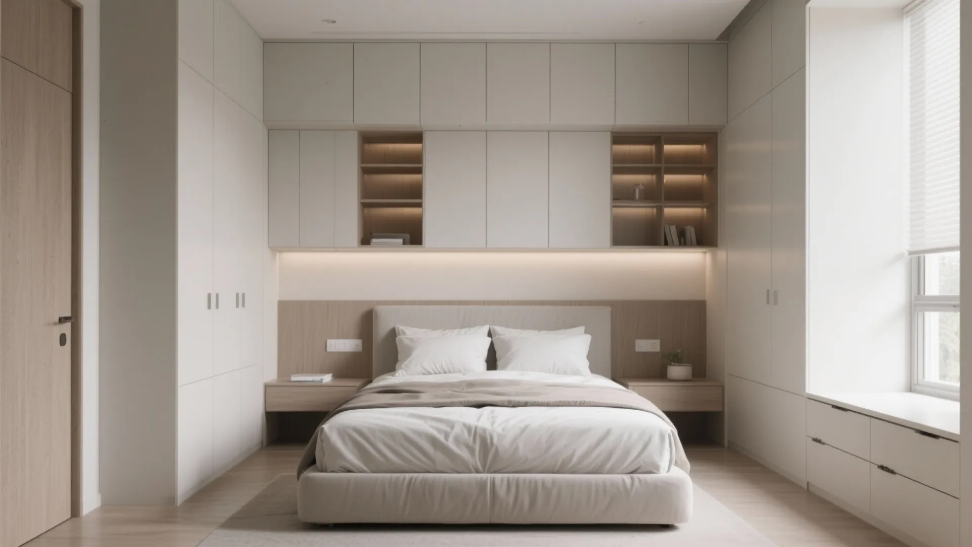 Functional bedroom layout with custom storage cabinets built around the bed and a window seat