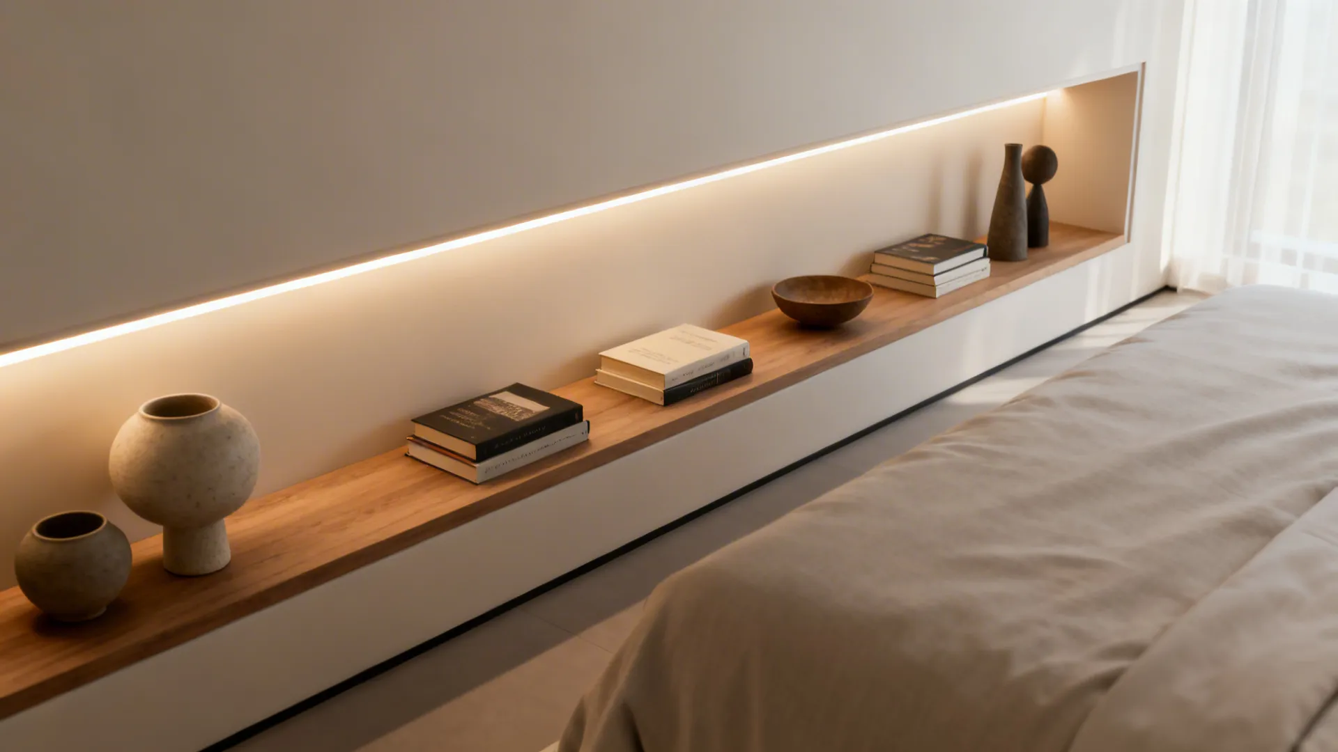 Slim built-in shelving niche with integrated LED backlighting and curated decor in a bedroom.