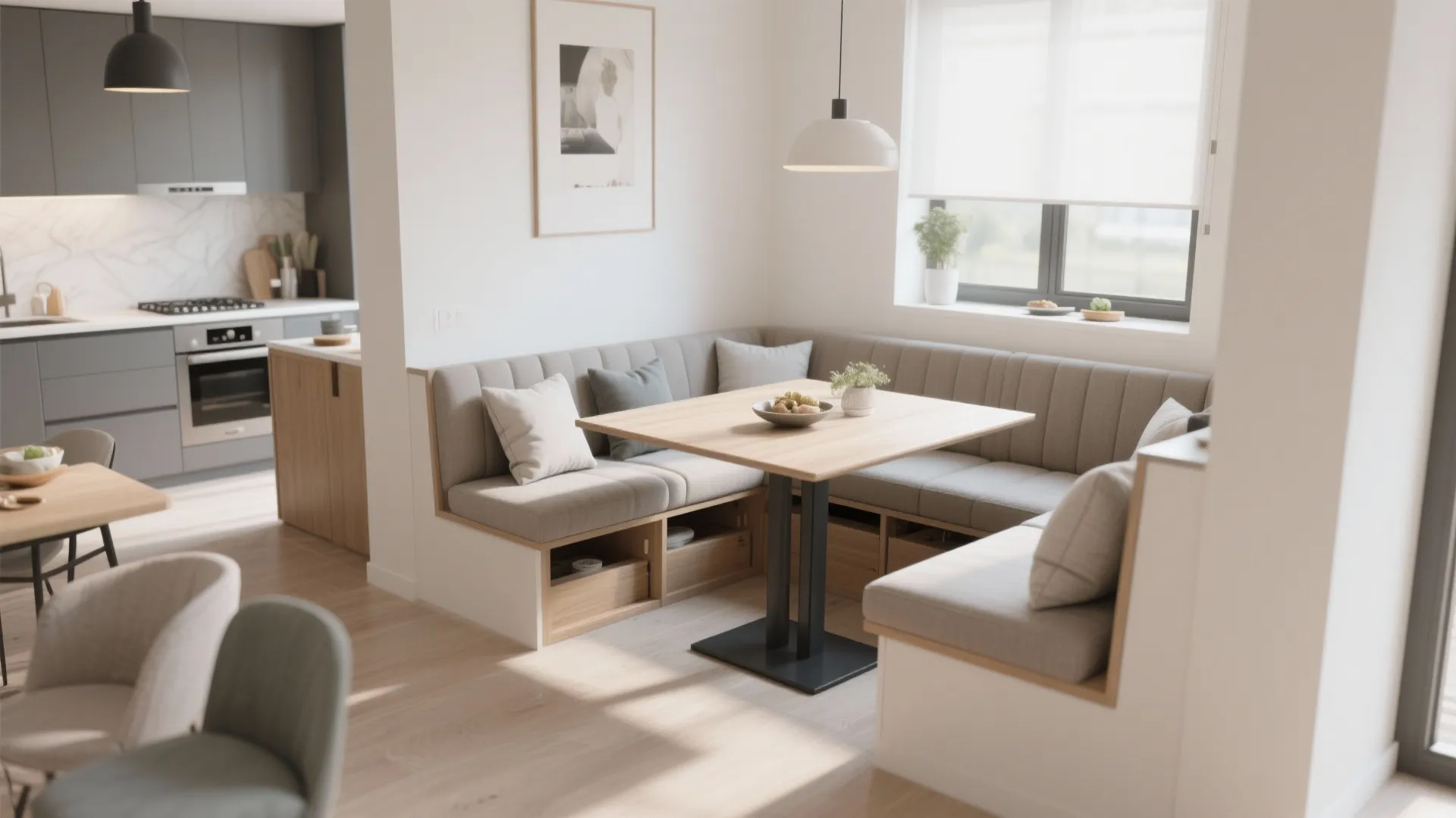 Built-in banquette seating in open plan dining corner