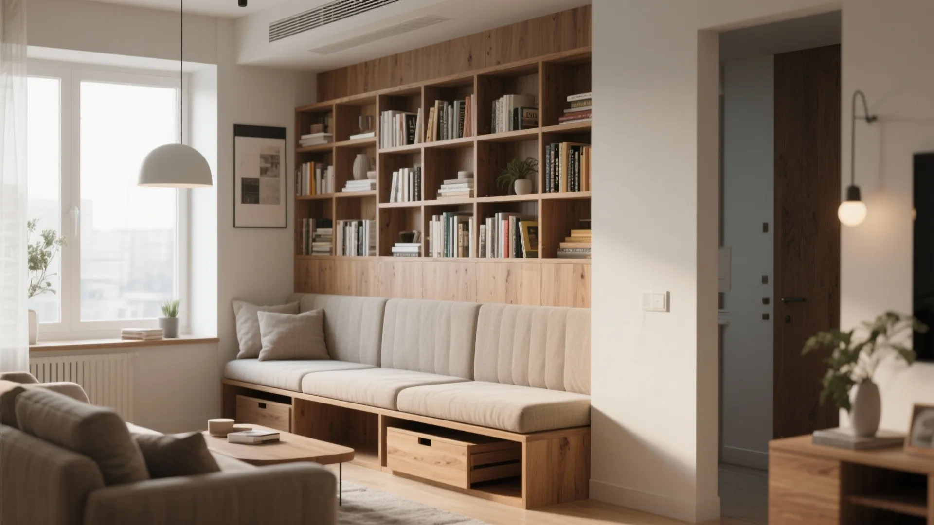 Living room with built in wood wall cabinet long beige sofa seat and ceiling light
