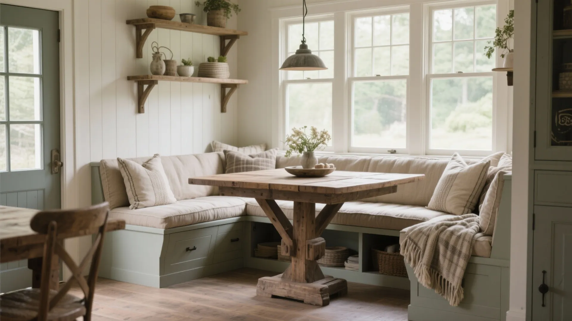Farmhouse dining nook with L-shaped banquette and cushions