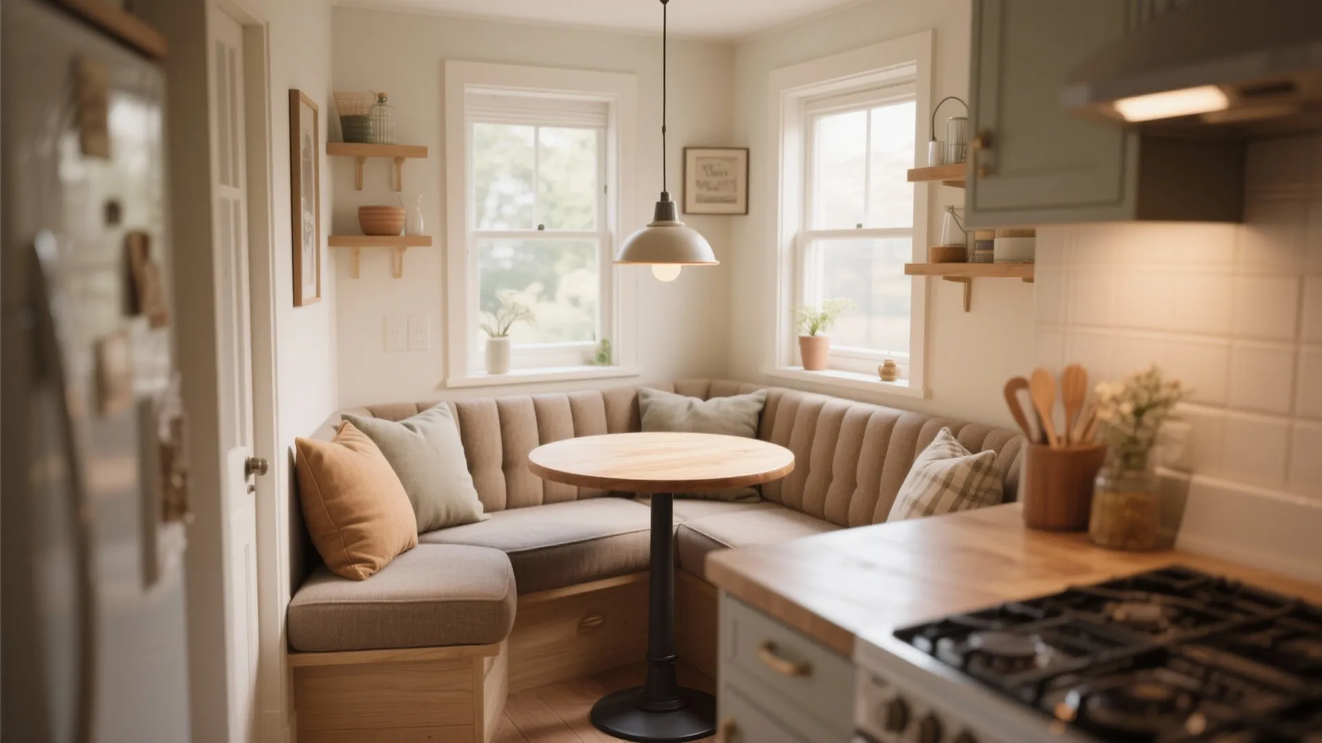 Cozy built-in banquette with cushions and round table