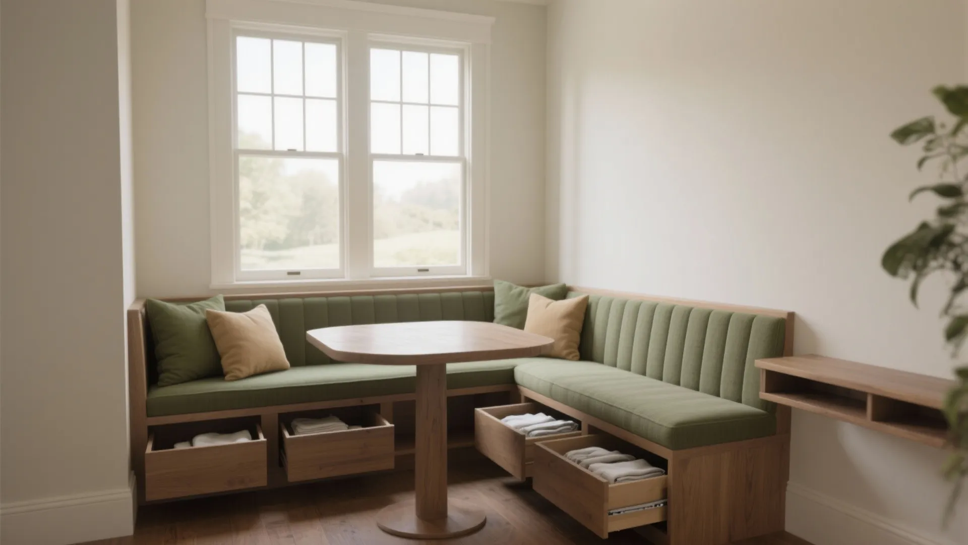 Built-in green sofa seating with wooden storage drawers under a table next to large windows