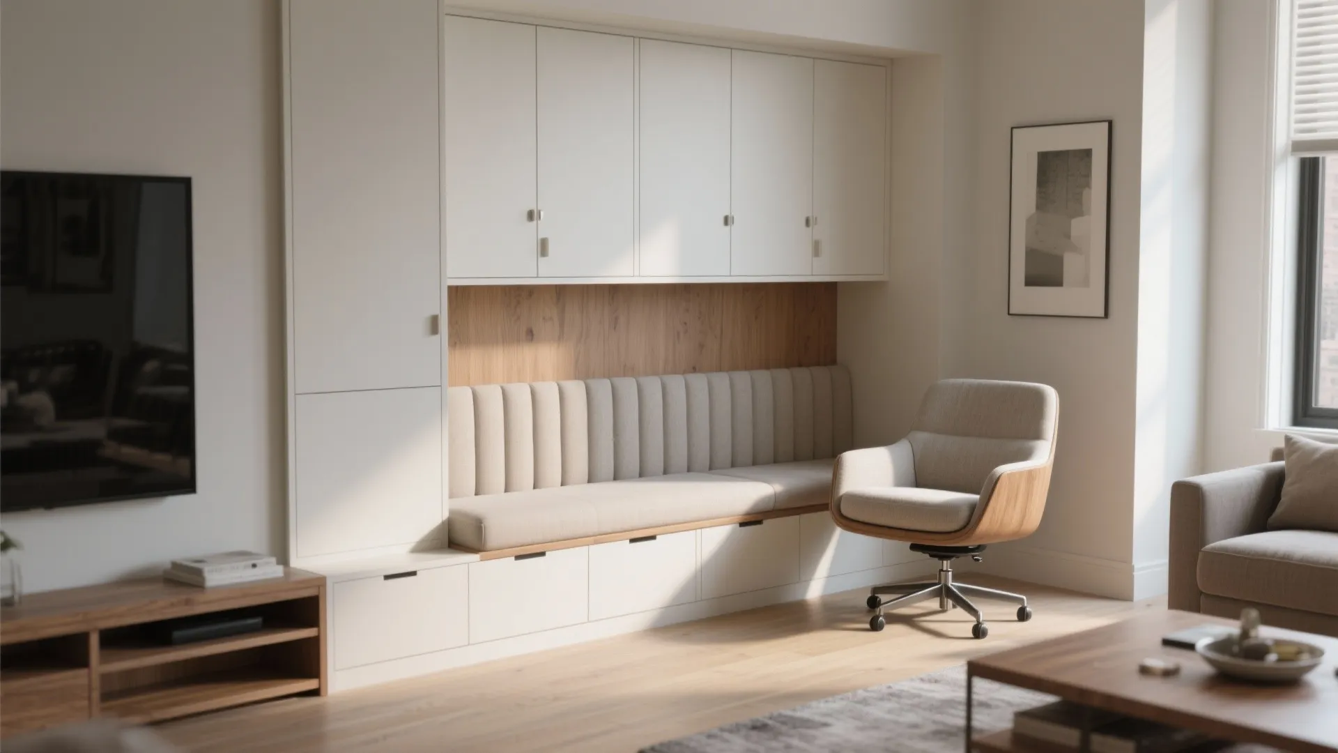 Minimalist white wall cabinet with built in bench seating wooden panel and comfortable desk chair
