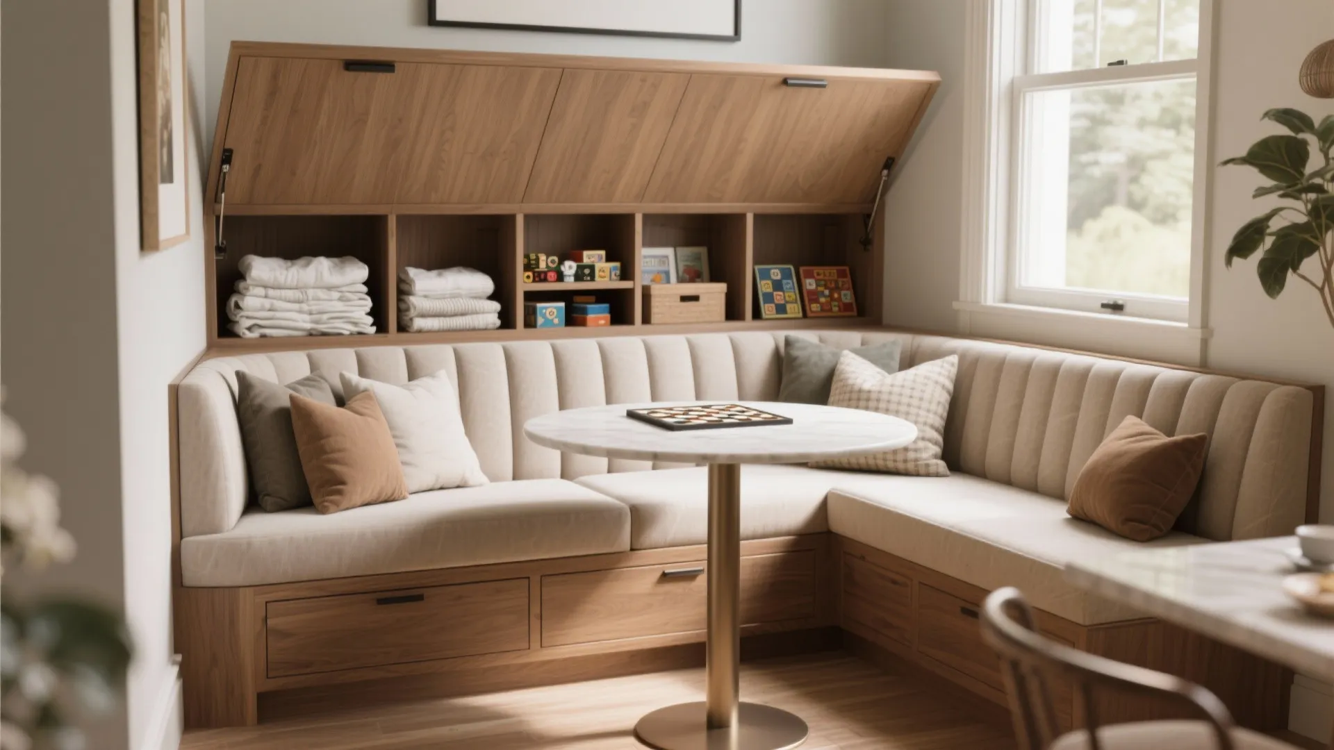 Corner seating area with built in storage cabinets and open wooden shelves above a marble table