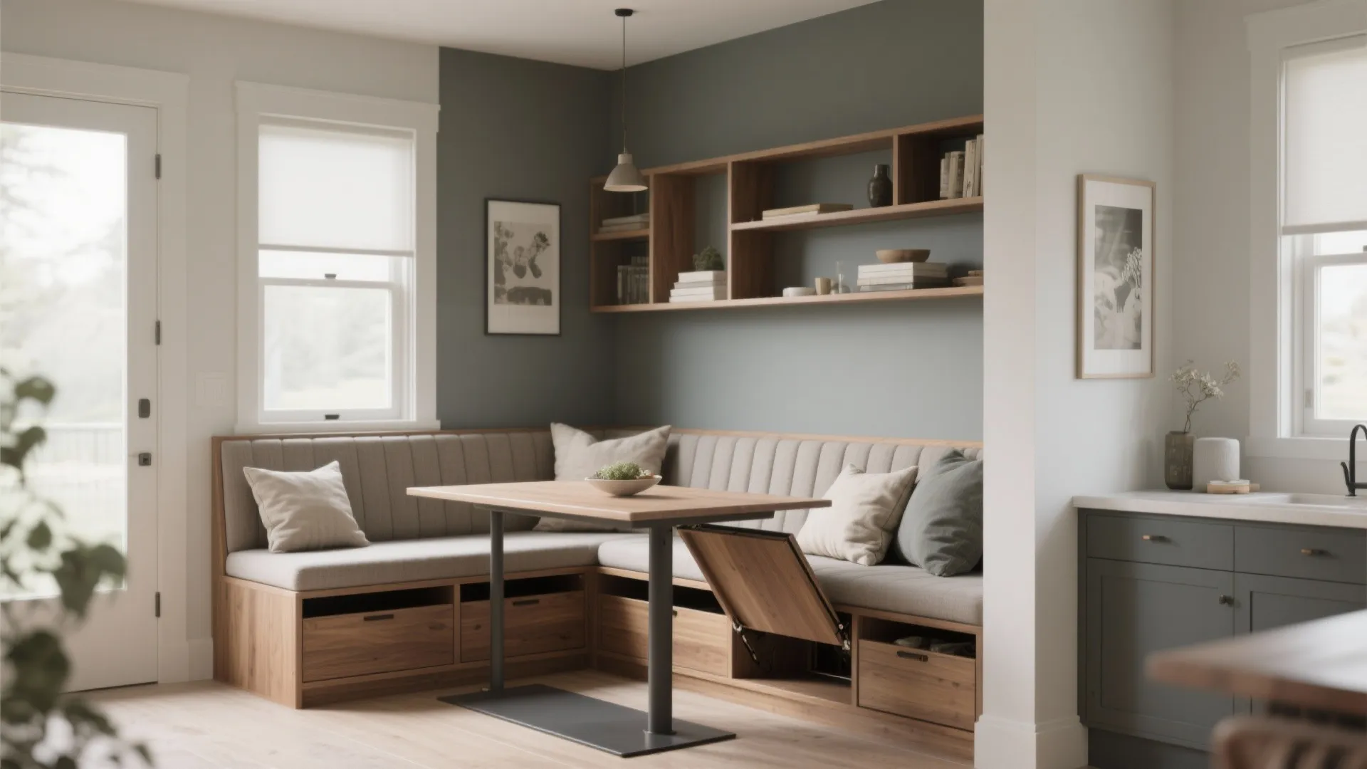 Built-in banquette with lift-up storage and a narrow fixed table in a small kitchen nook.