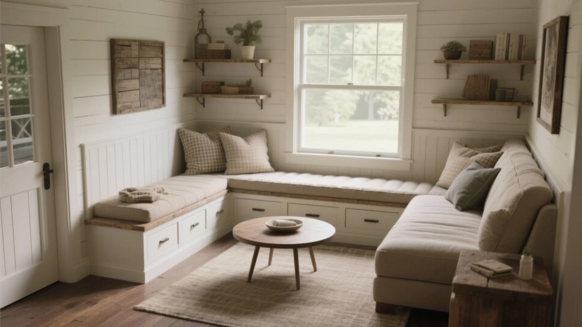 Cozy rustic living room corner with built in bench seating white wall panel and window