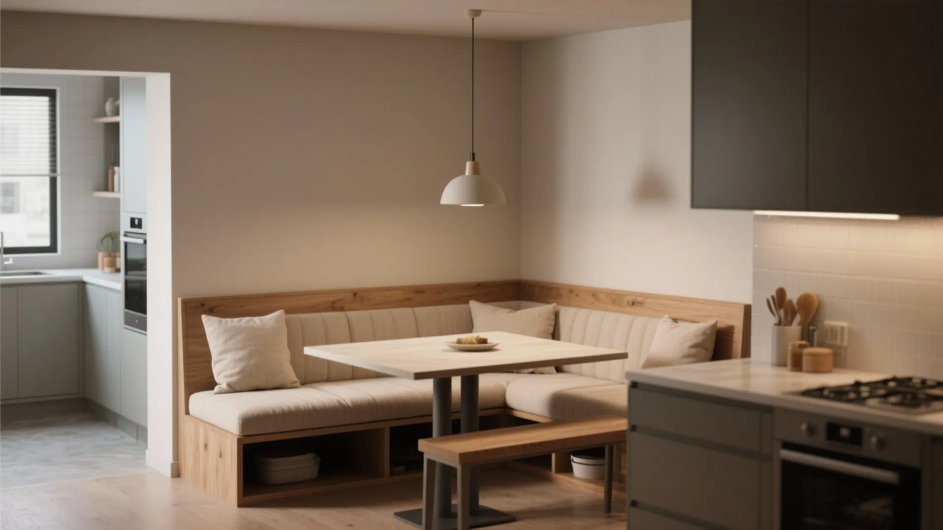 Built-in banquette with a small table