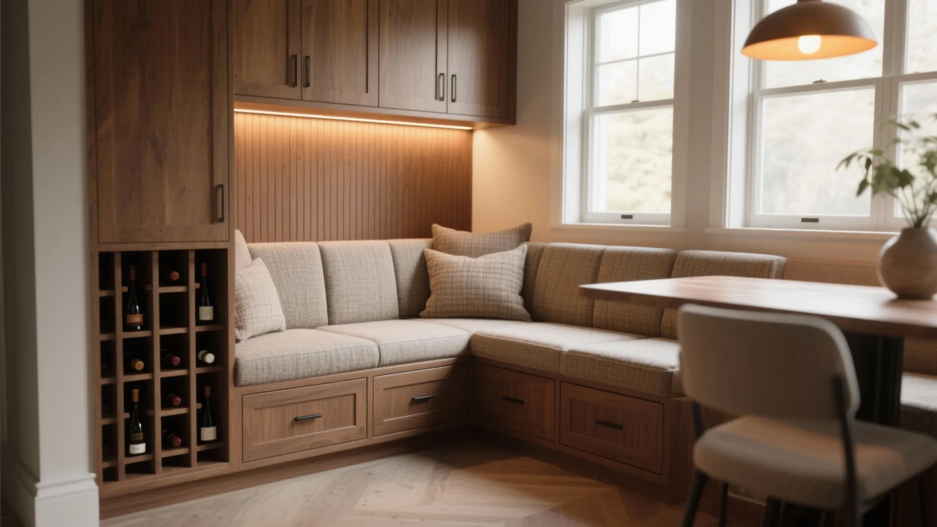 Custom built-in banquette with drawer storage, wine rack, and plush cushions in a cozy dining nook.