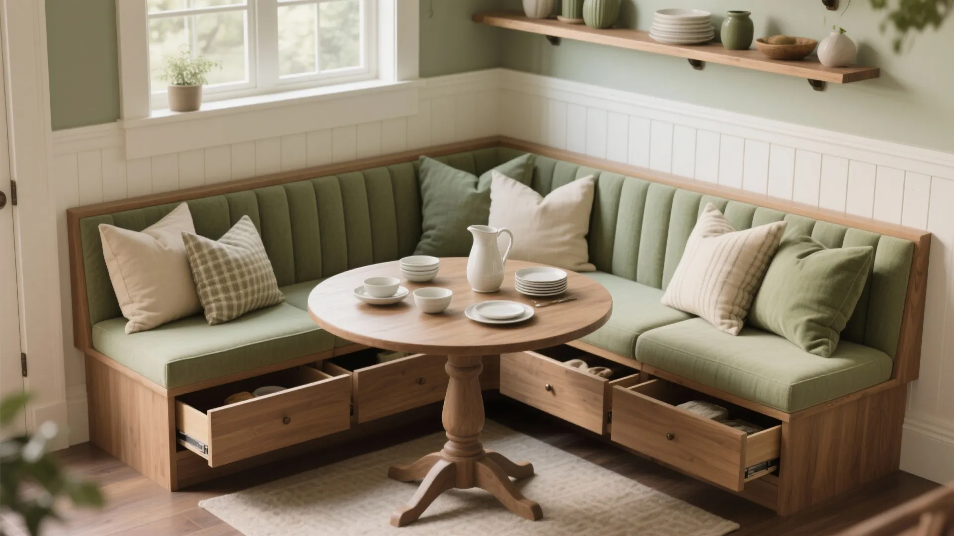 Green wall panel storage bench with open wooden drawers around a round wooden dining table