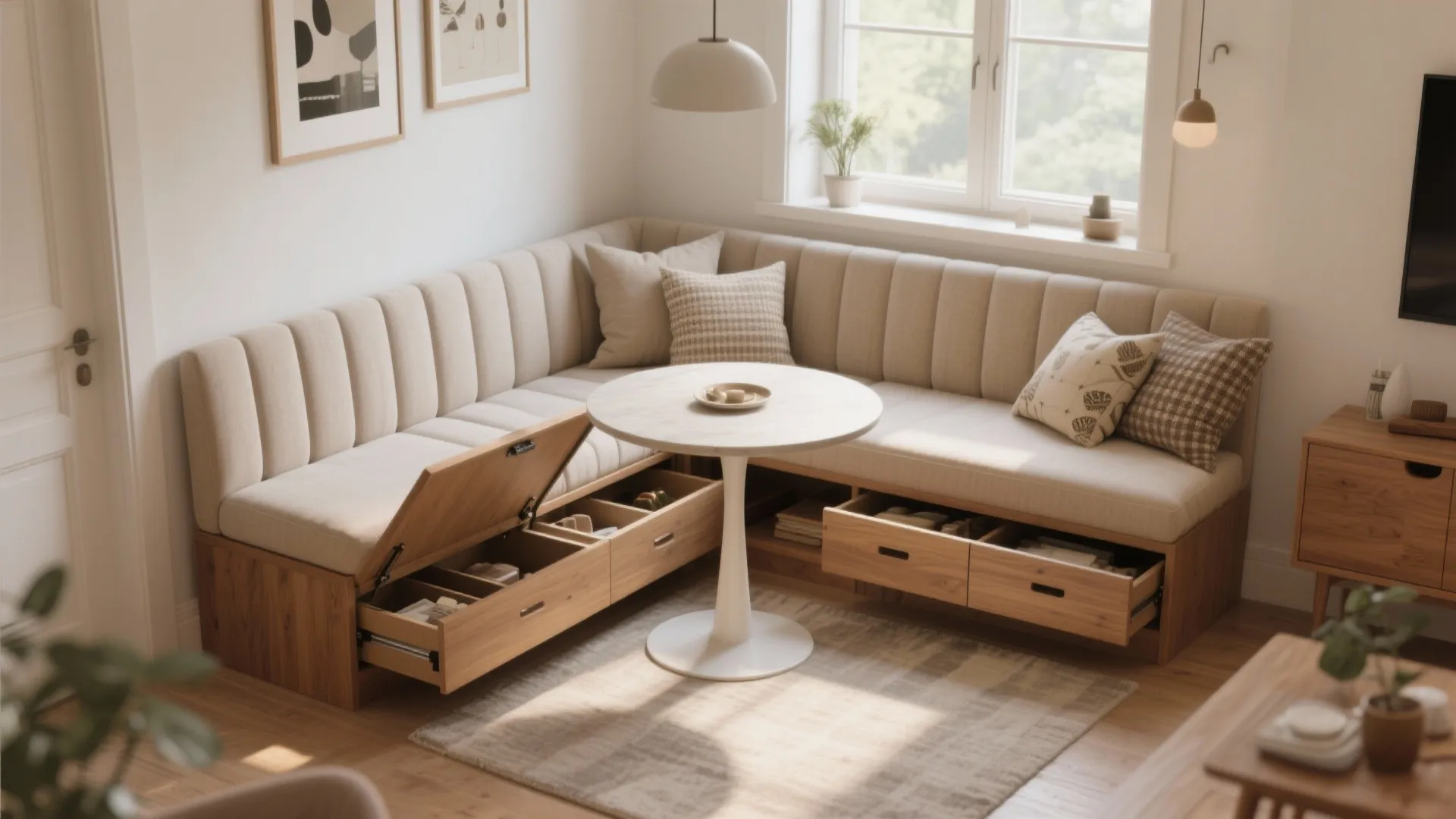 Corner seating bench with storage drawers and round white table in a small cozy dining area